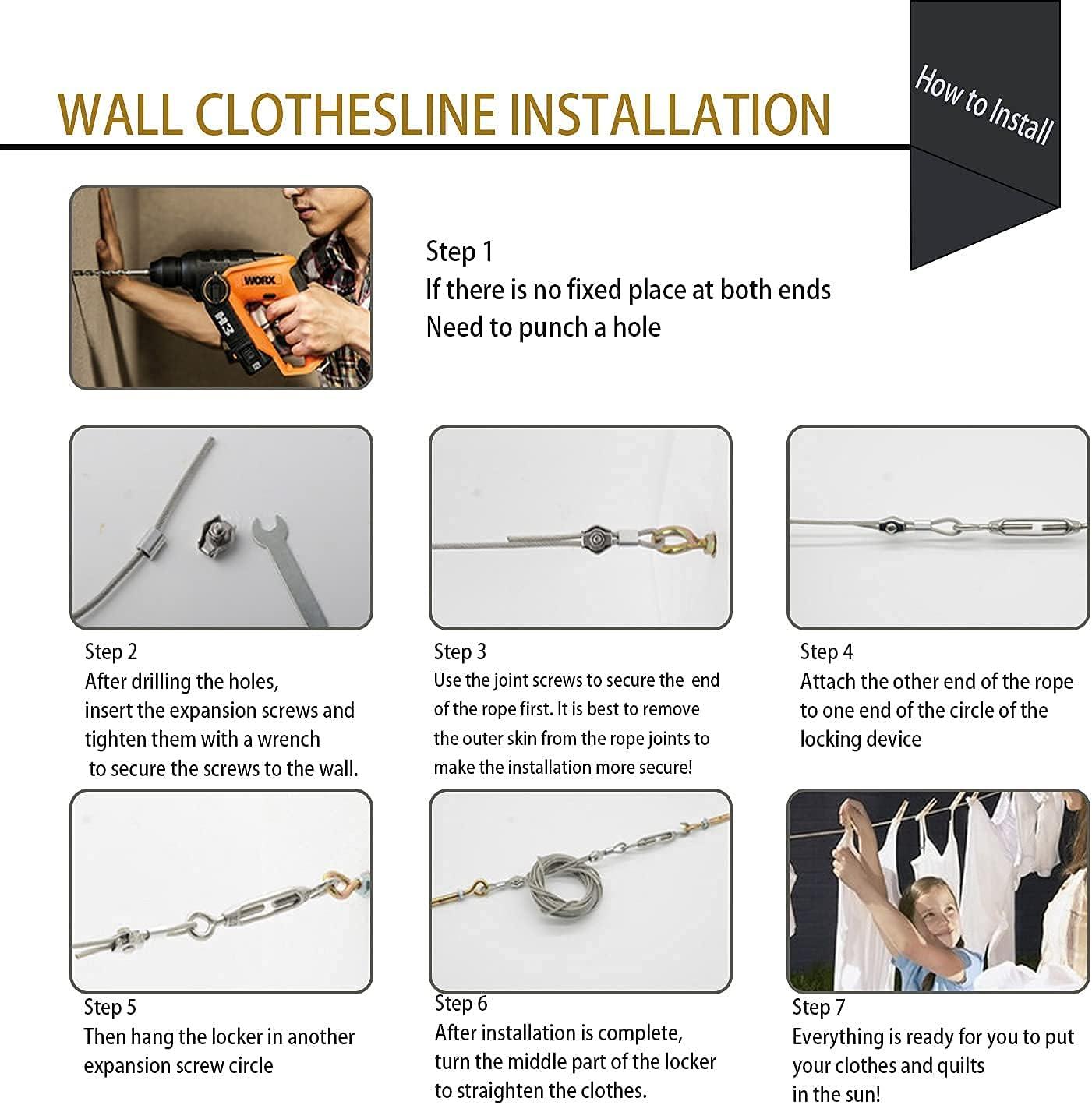 MHY 16Ft Heavy Clotheslines,Outdoors 304 Stainless Steel Clothes Line,Heavy Duty Cable Wire Rope with Retractable System，Windproof Clothes Rope for Outdoor/Indoor/Home/Drying/Curtain Hanging