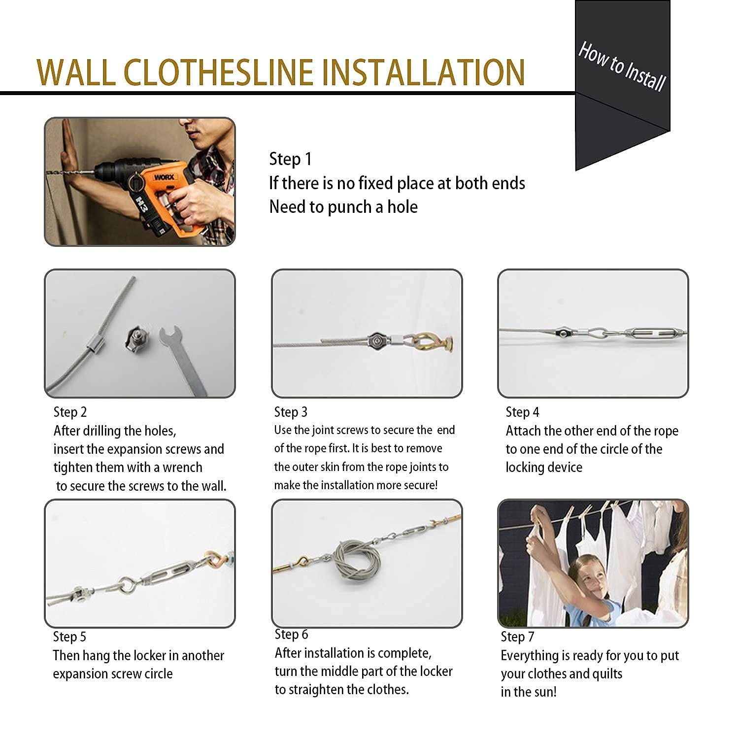 MHY 16Ft Heavy Clotheslines,Outdoors 304 Stainless Steel Clothes Line,Heavy Duty Cable Wire Rope with Retractable System，Windproof Clothes Rope for Outdoor/Indoor/Home/Drying/Curtain Hanging