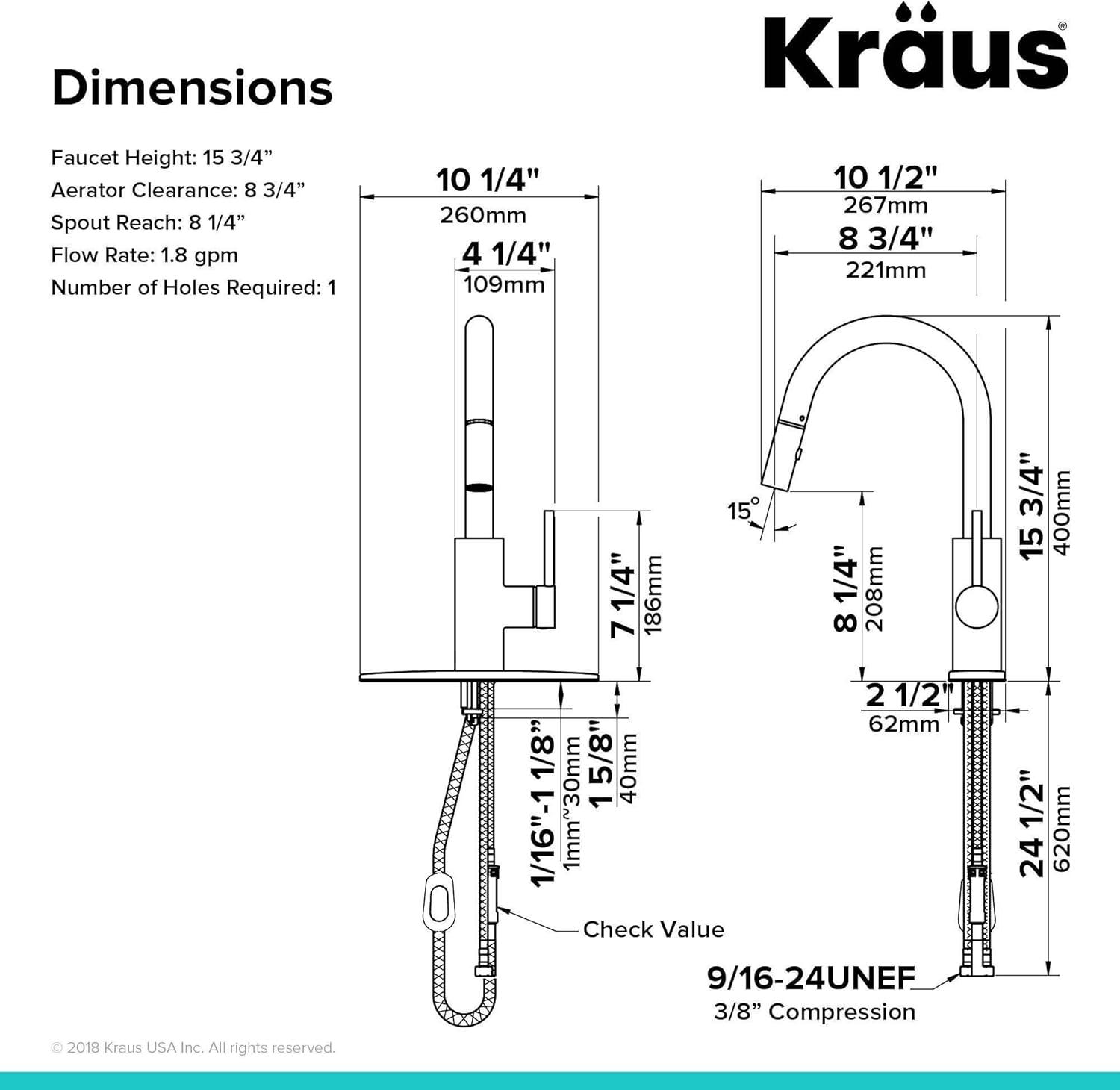 KRAUS Oletto Single Handle Pull Down Kitchen Faucet with QuickDock Top Mount Installation Assembly