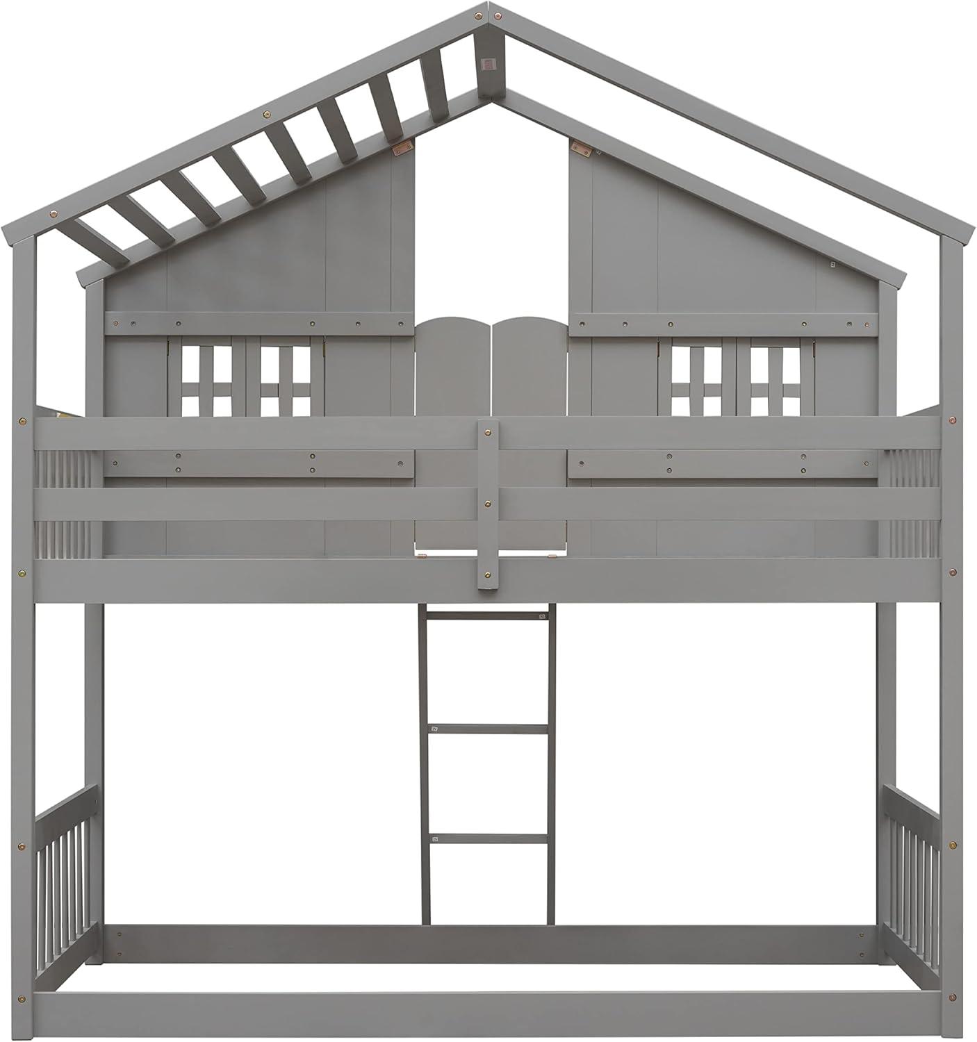 HighSound Twin Over Twin House Bunk Bed Frame with Roof, Window, Ladder and Safety Guardrails for Boys Girls, White & Pink