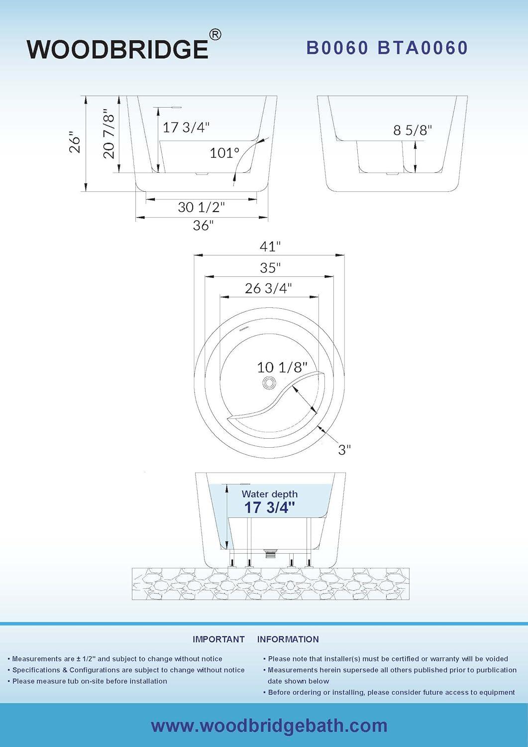 WOODBRIDGE 41" Acrylic Freestanding Bathtub Contemporary Soaking Tub, White Acrylic,Matte Black Drain/Overflow