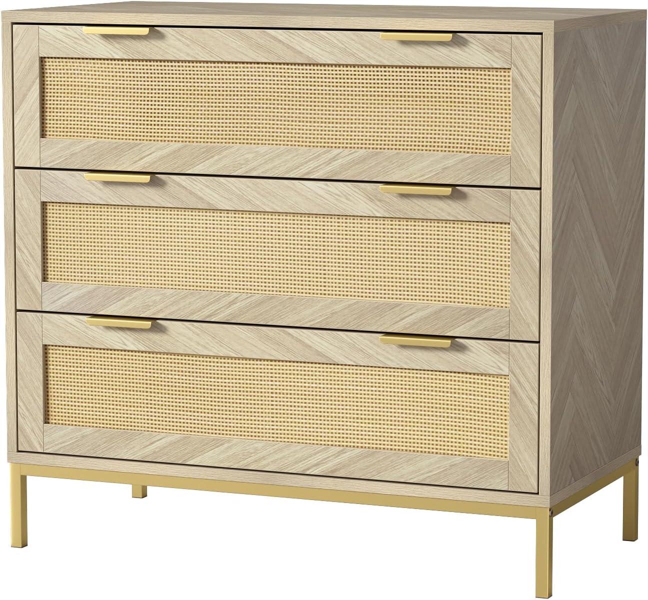 Anmytek 3 Drawer Cabinet for Bedroom, Oak Rattan Cabinet Closet Cabinet Chest of Drawers, Wood Cabinet 3 Drawer Storage Chest for Bedroom, Hallway, Nursery