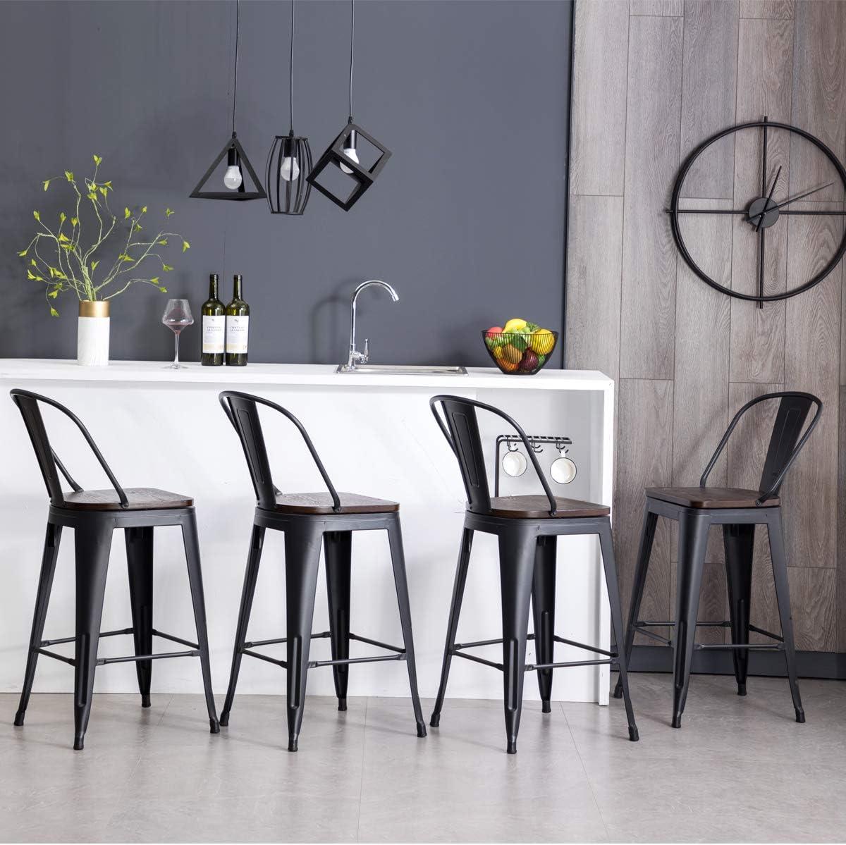 Black Metal Swivel Bar Stools with Wooden Seat, Set of 4