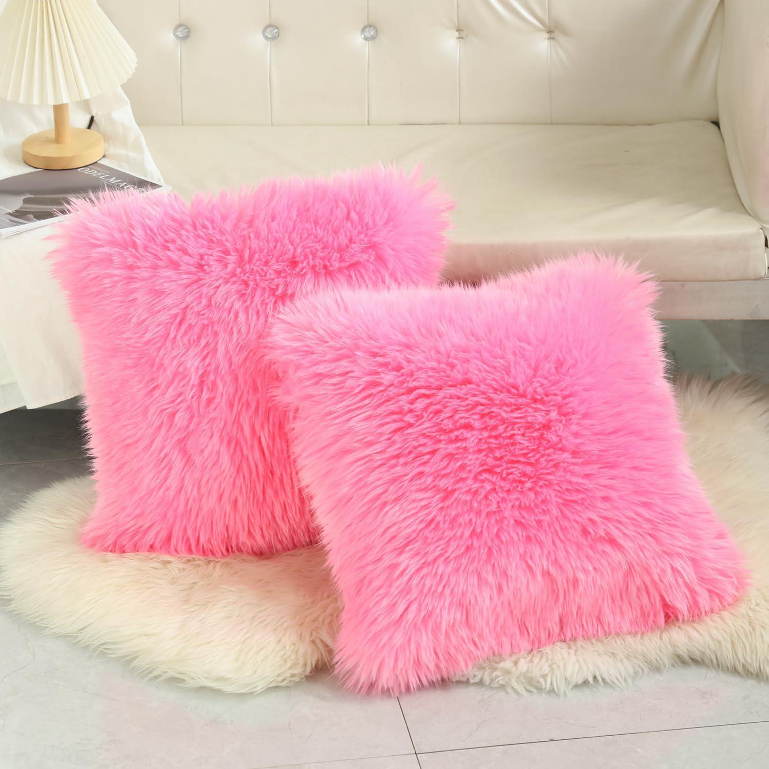 Set of 2 Fluffy Pillow Covers New Luxury Series Merino Style Blush Faux Fur Decorative Throw Pillow Covers Square Fuzzy Cushion Case 18x18 Inch