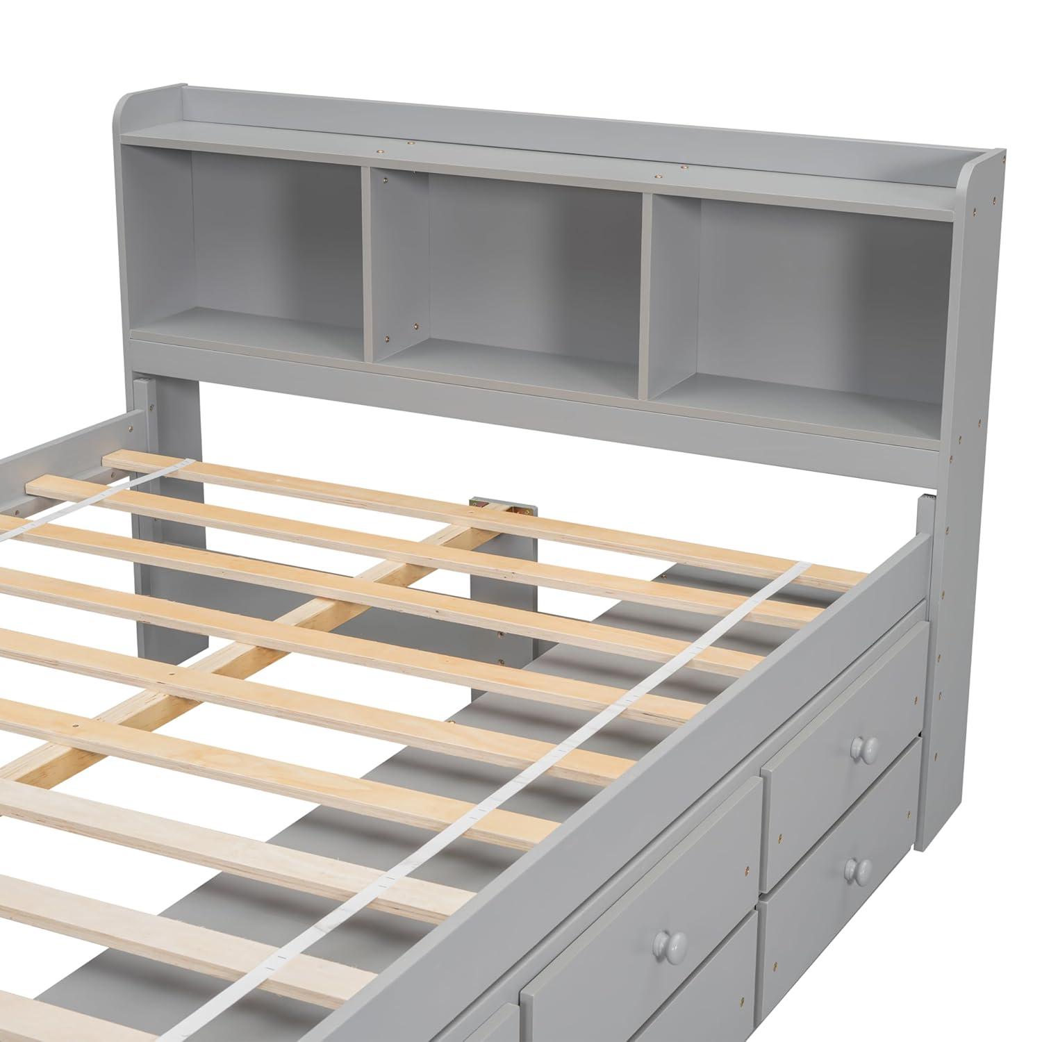 SOFTSEA Full Size Platform Bed with Drawers and Bed End Case, Wood Bed Frame with Storage Headboard, Platform Bed with Storage for Bedroom, No Box Spring Needed, Gray
