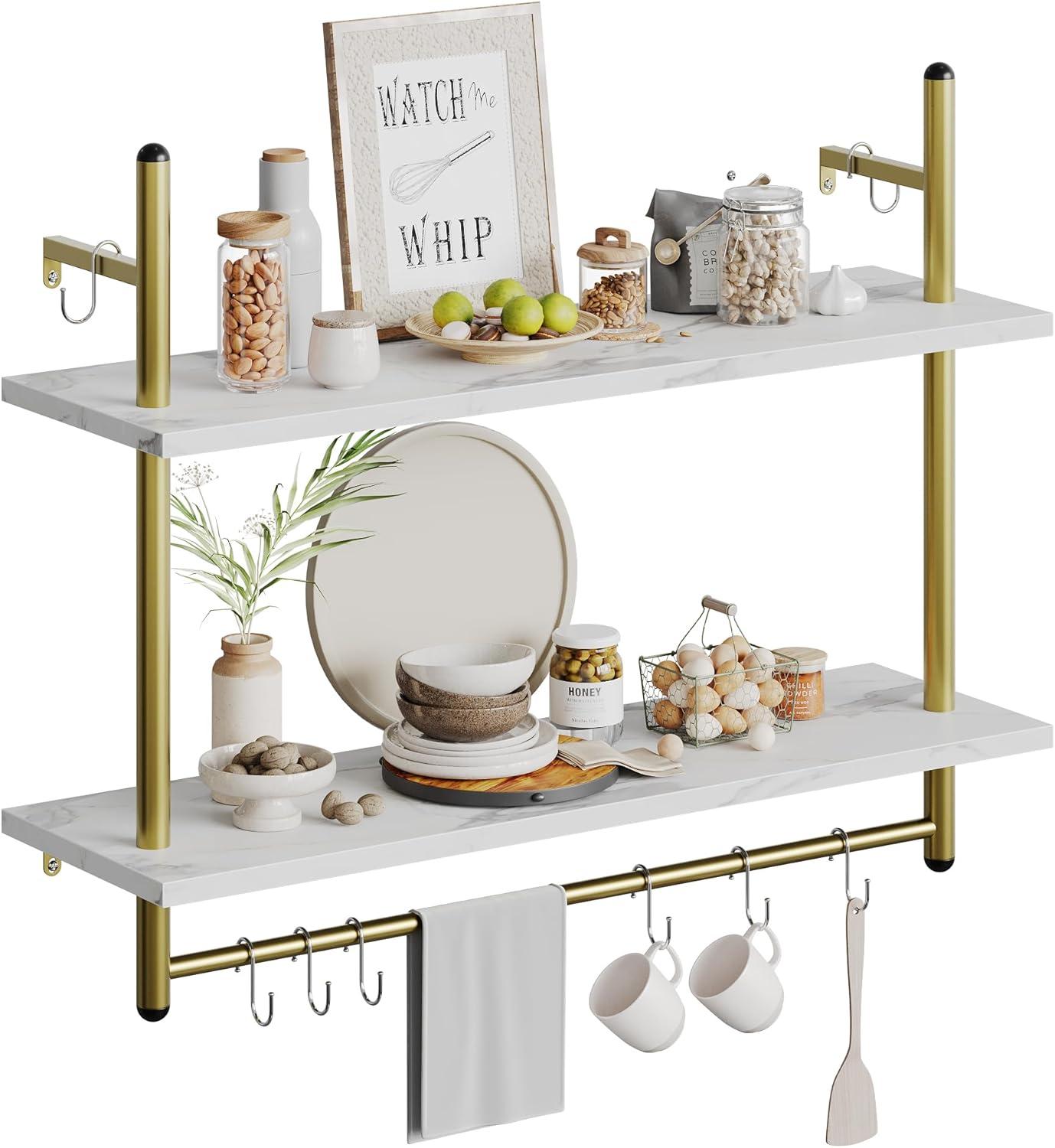 White Marble Floating Wall Shelf with Towel Bar and Hooks