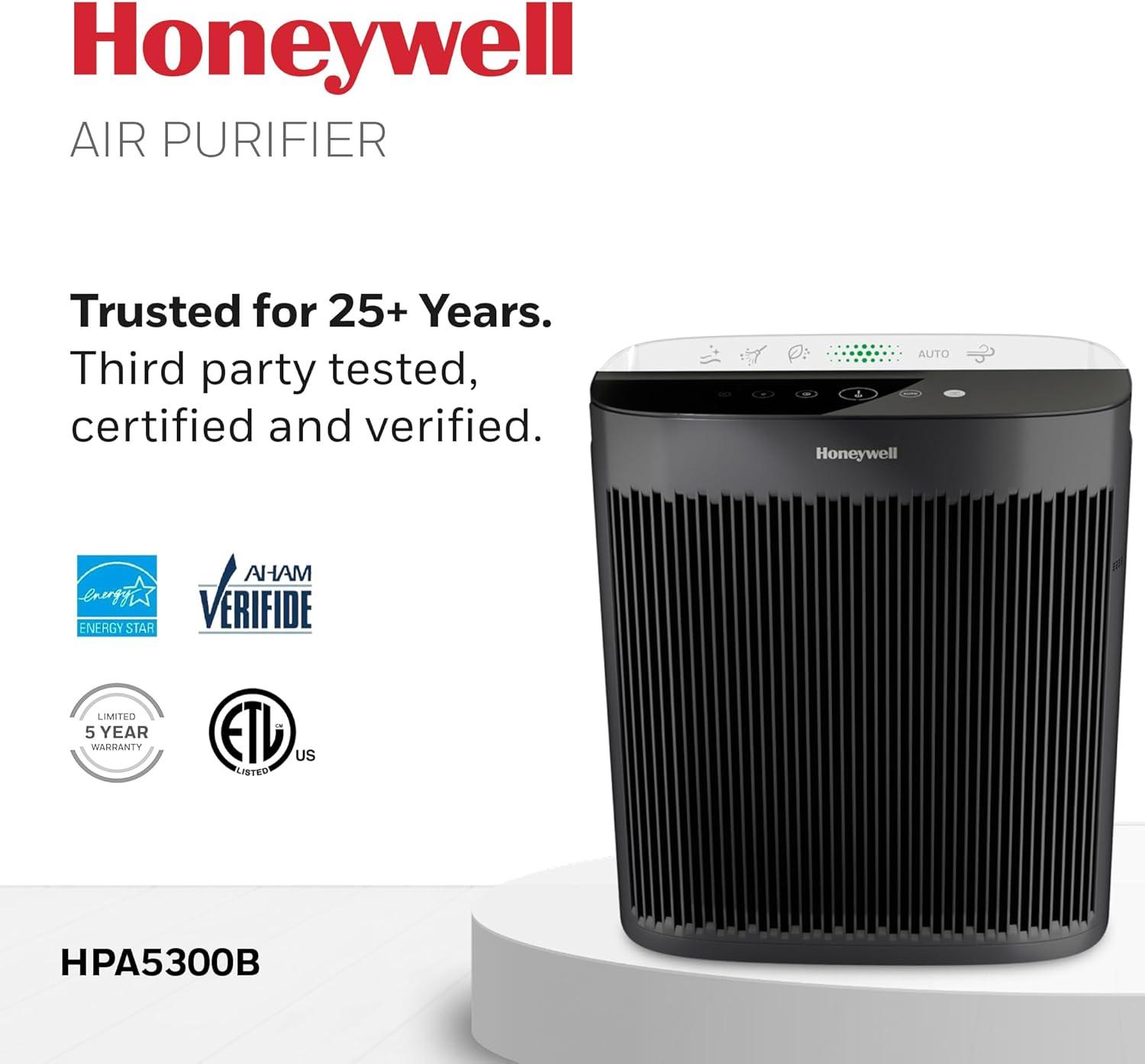 Honeywell Air Purifier, HPA5300B, 500 sq ft, HEPA Filter,  Allergen+ Plus, Smoke, Pollen, Dust Reducer