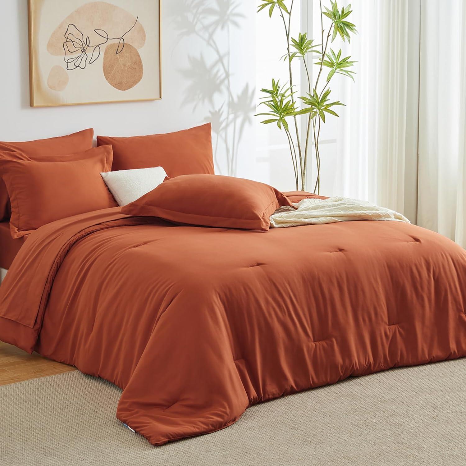 Cozy Comfort Burnt Orange Comforter Set Queen Size, 7 Pieces Soft Comforter for Queen Size Bed with Sheets, Pillowcases & Shams, All Season Boho, Contrasting Design