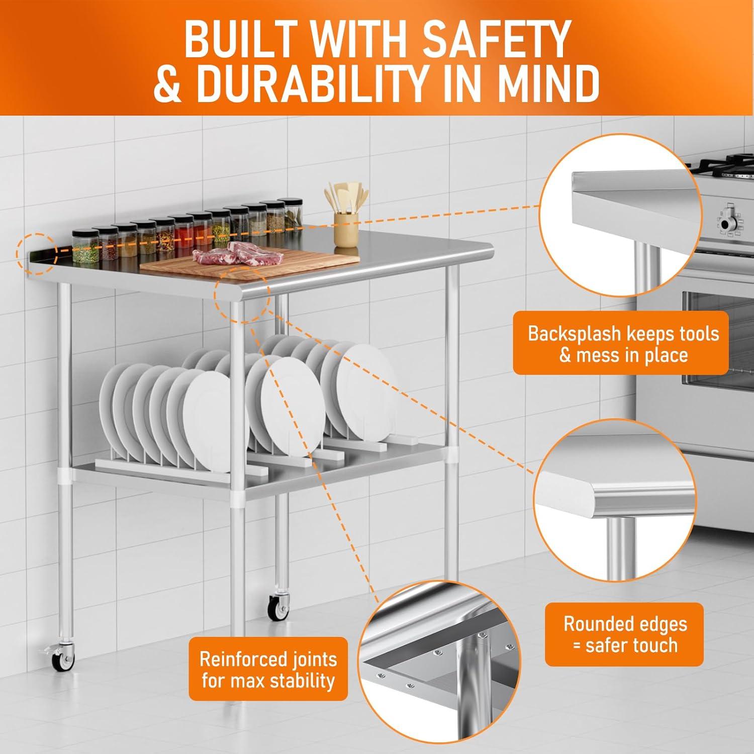 36"x24" Stainless Steel Kitchen Work Prep Table Commercial Workbench With Wheels