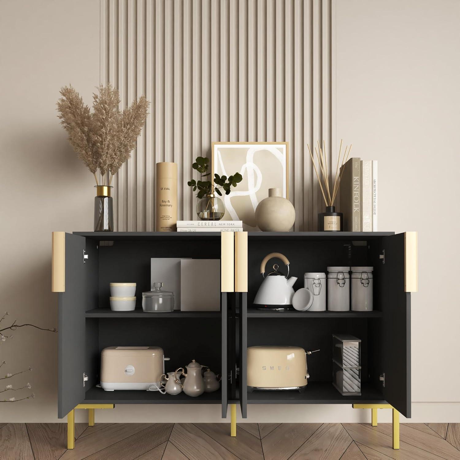 4 Doors Sideboard Buffet Cabinet with Adjustable Shelves,Modern Accent Sideboard with Golden Legs,Wide Storage Cabinet for Kitchen,Living Room,Black