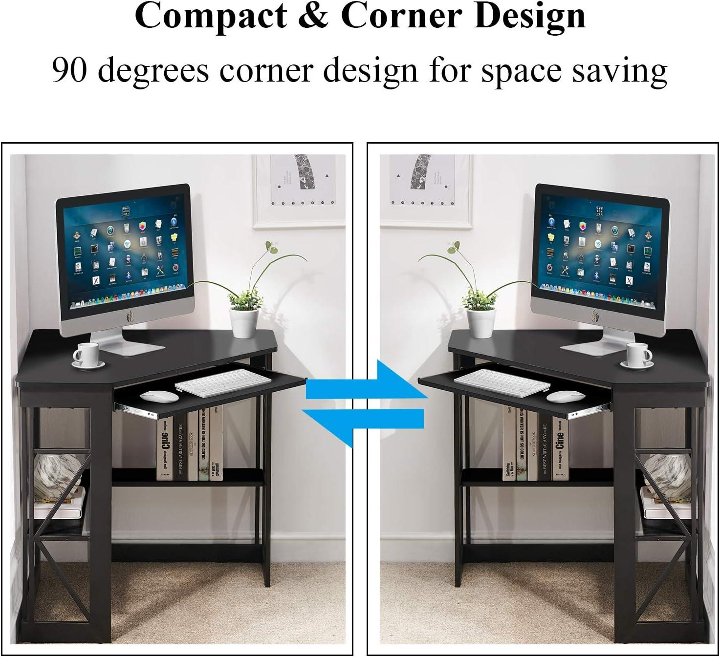 Black Triangular Corner Computer Desk with Keyboard Tray