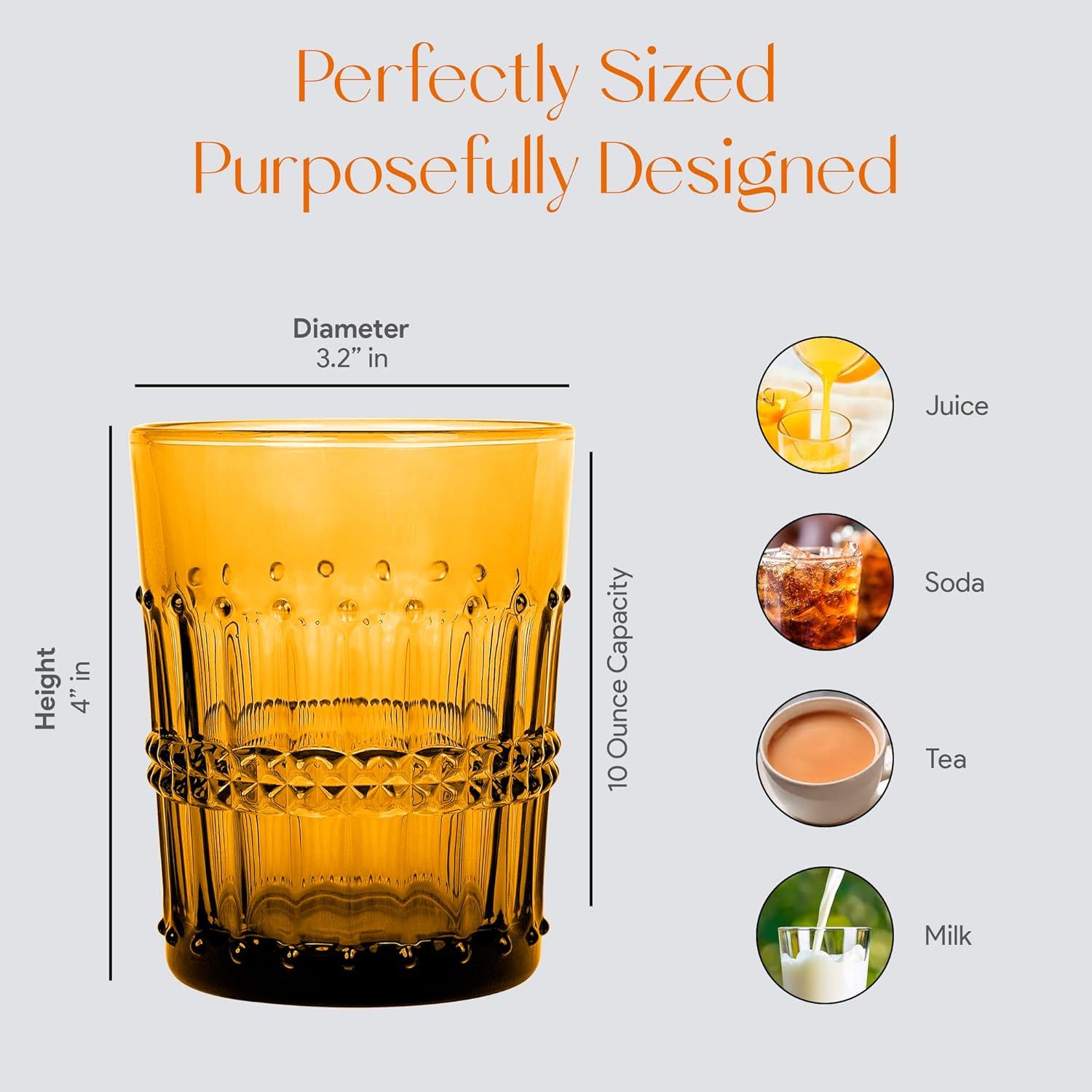 American Atelier Vintage Old Fashion 10 oz. Whiskey Glasses, Romantic Water Tumblers, Barware Glasses for Cocktails, Embossed Beaded, Set of 4, Amber