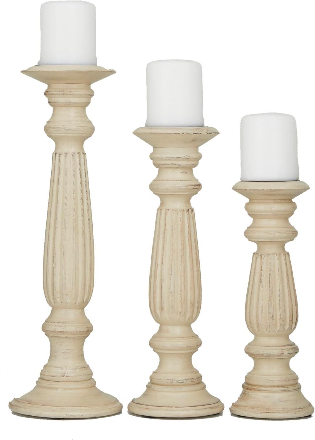 Olivia & May Set of 3 Farmhouse Mango Wood Teardrop Designed Pillar Candle Holders: Rustic Wooden Candlestick Holders