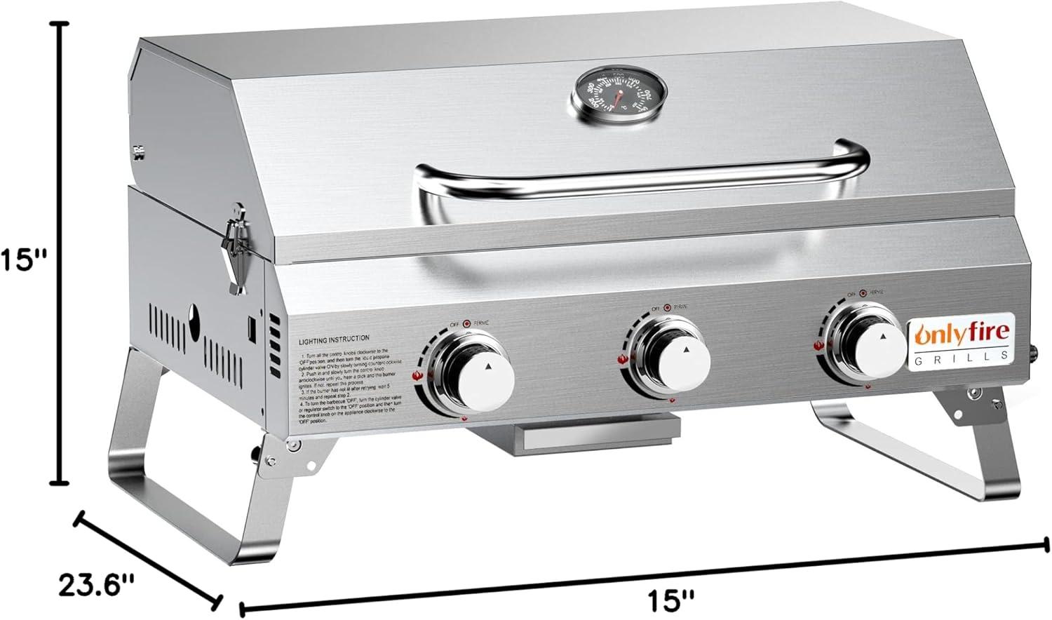 Onlyfire 24" Stainless Steel 3-Burner Portable Propane Grill with Foldable Legs