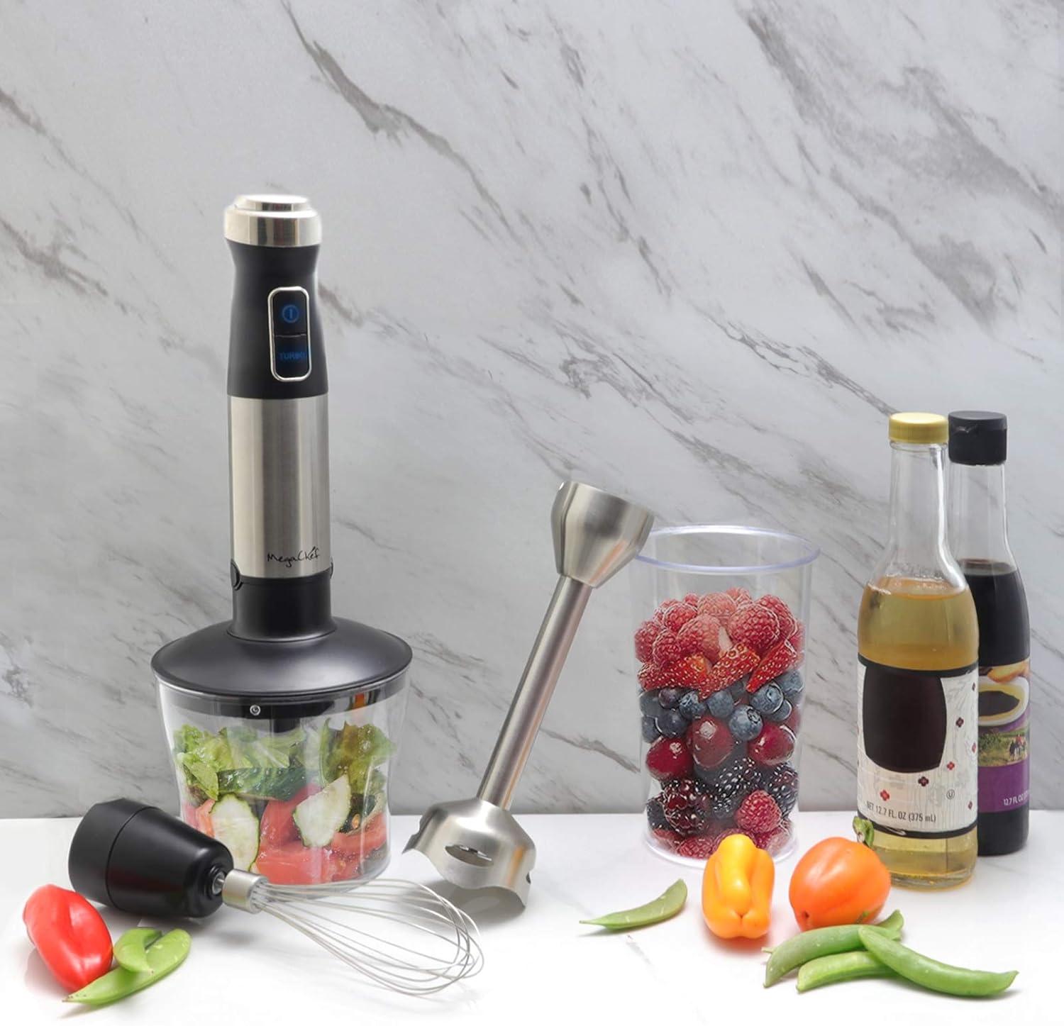 MegaChef 4-in-1 Multipurpose Immersion Hand Blender - Silver: Portable Handheld, 300W, 2 Speeds, Includes Chopper & Whisk