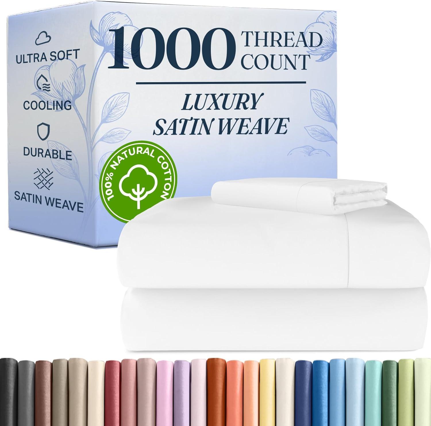 CGK Linens Luxury 1000 Thread Count 4 Piece Sheet Set - Soft & Premium 100% Cotton Sateen in White, Size Twin