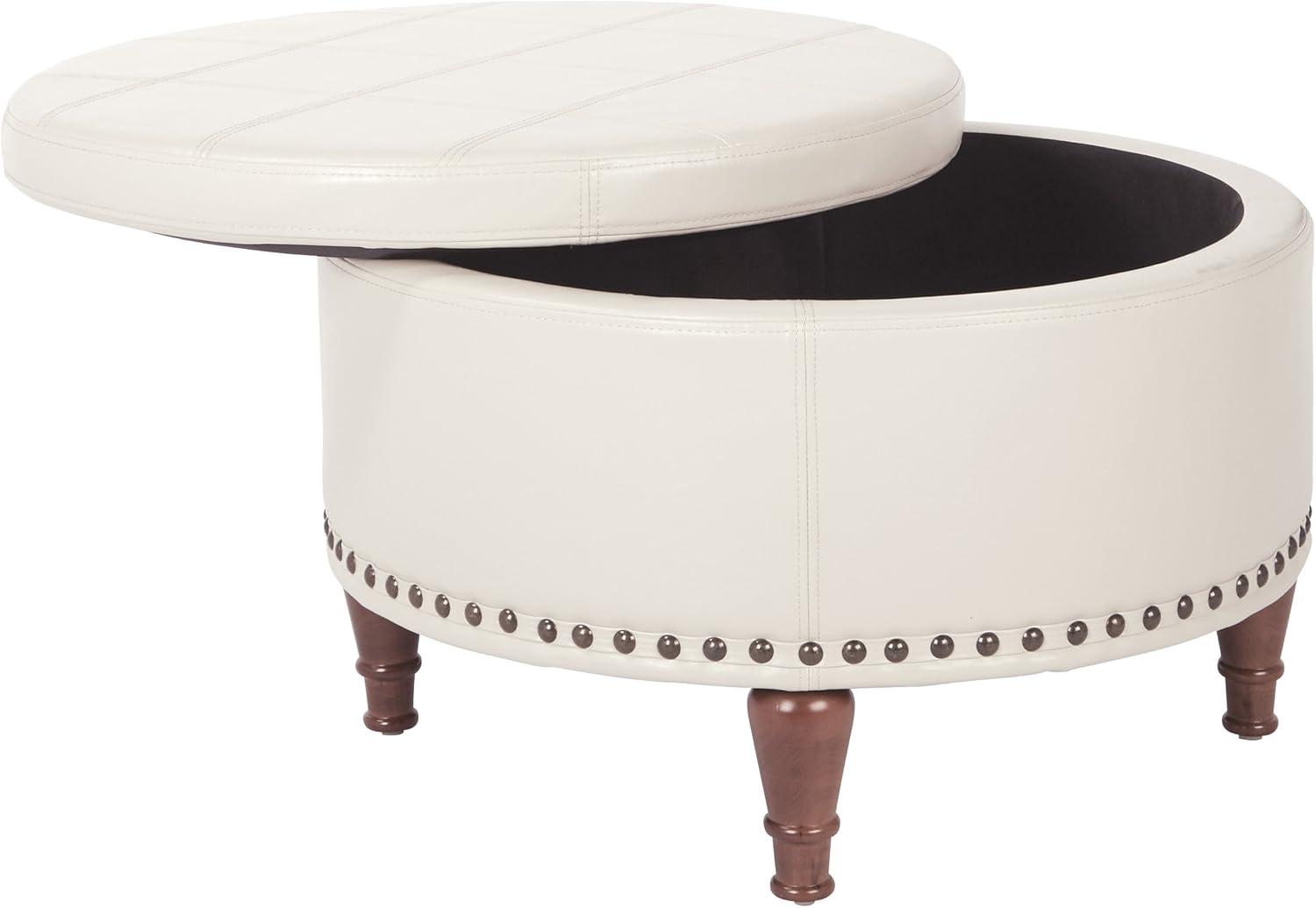 YUMIAO OSP Home Furnishings Alloway Storage Ottoman with Antique Bronze Nailheads, Cream Faux Leather