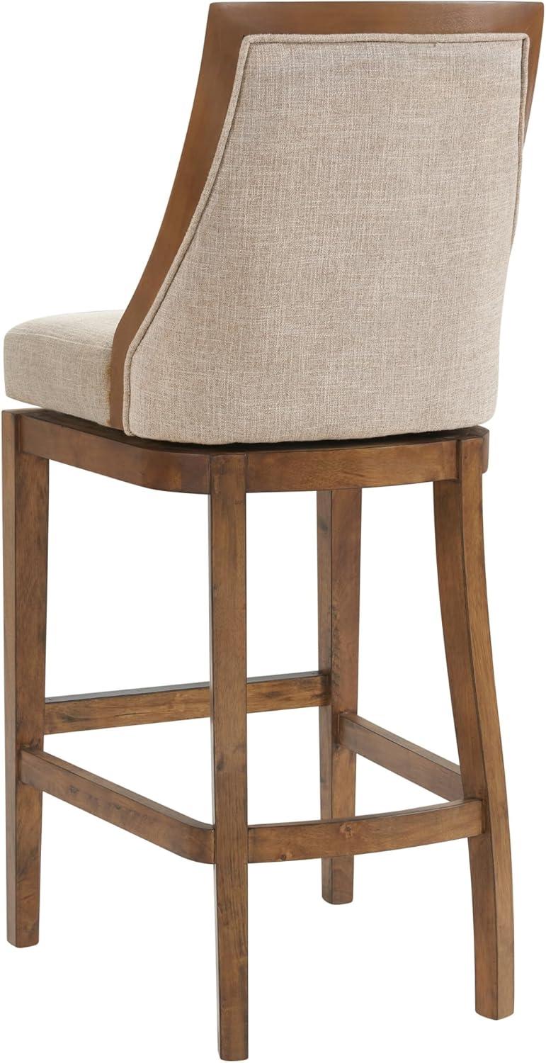 Alaterre Ellie Bar Height Stool, Back, Swivel Seat, Brown, Upholstered Padded Seat, Rubberwood Frame, Steel Memory Return Mechanism, Dimensions 19 in. W x 22 in. D x 46 in. H, Footrest, Metal Kick Plate