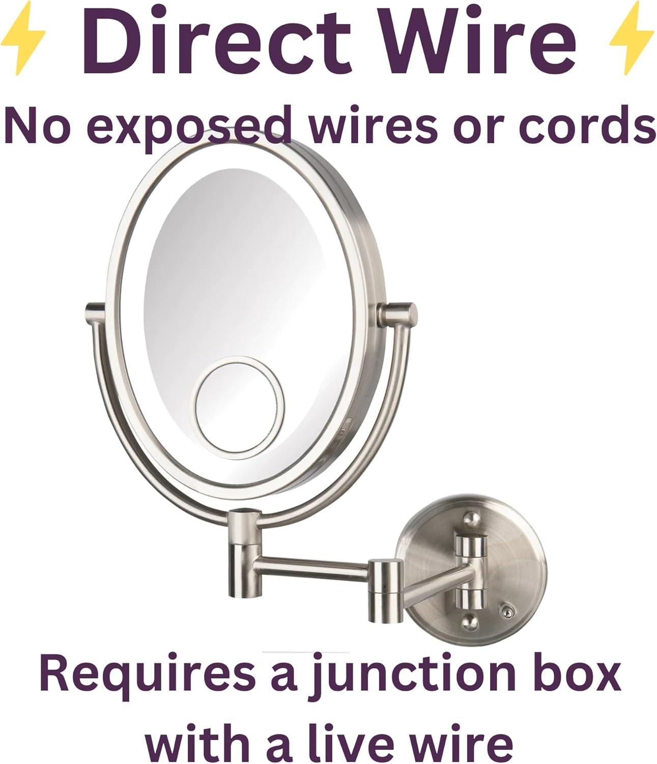 Jerdon 8 inch by 10 inch Oval Wall-Mounted Lighted Makeup Mirror with 10X-1X and 15X Spot Magnification, Nickel Finish, Direct Wire -Model HL9515NLD