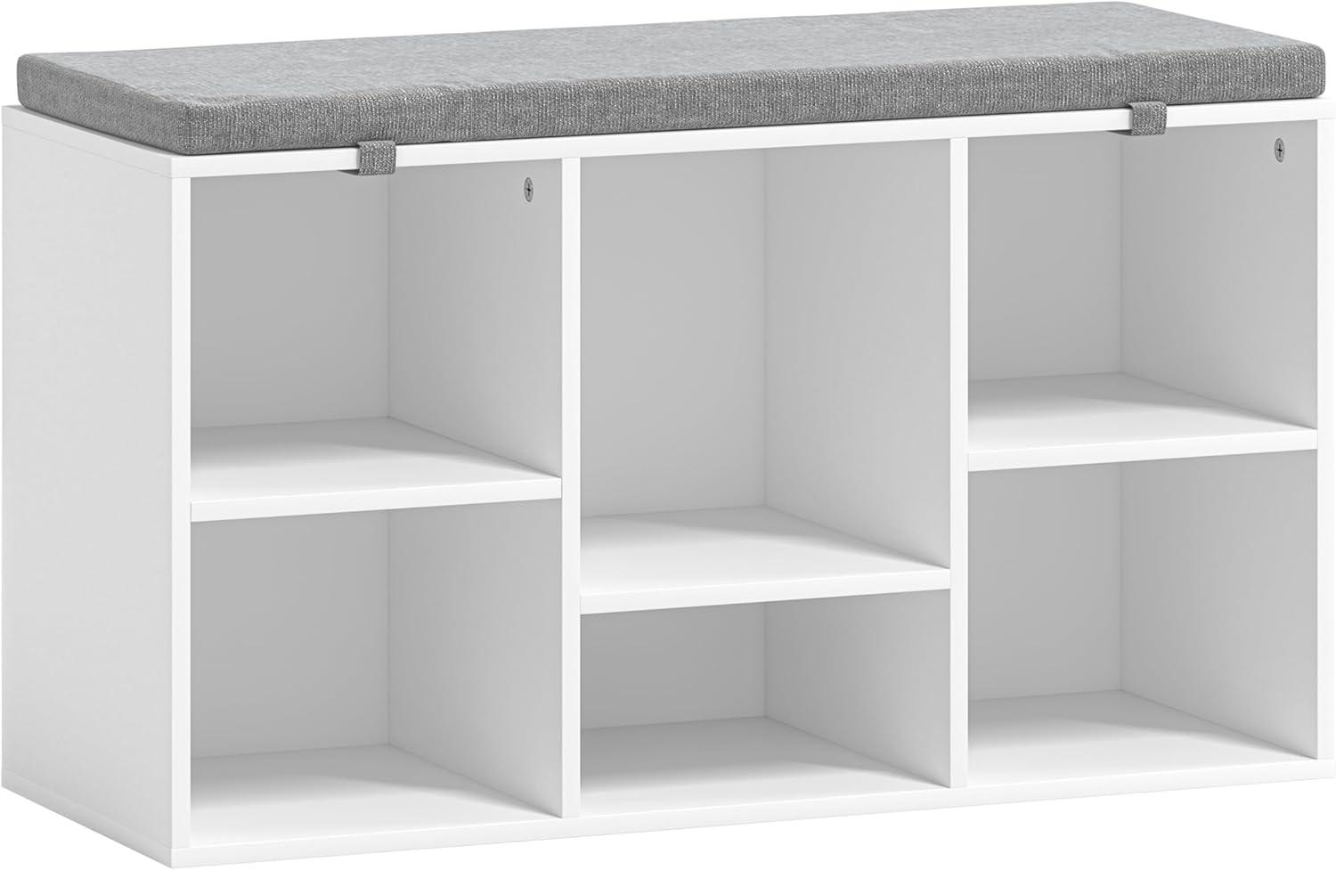 White MDF Shoe Storage Bench with Gray Cushion and 6 Compartments