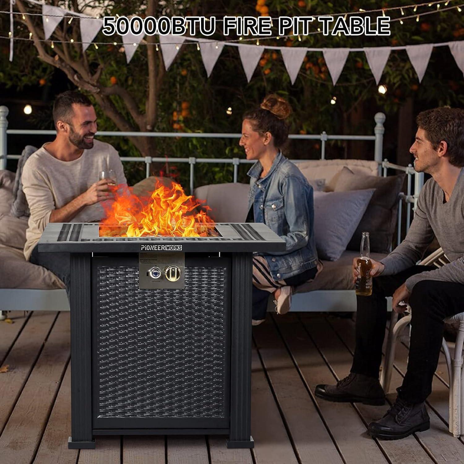 28'' Black Steel Gas Fire Pit Table with Stone Top