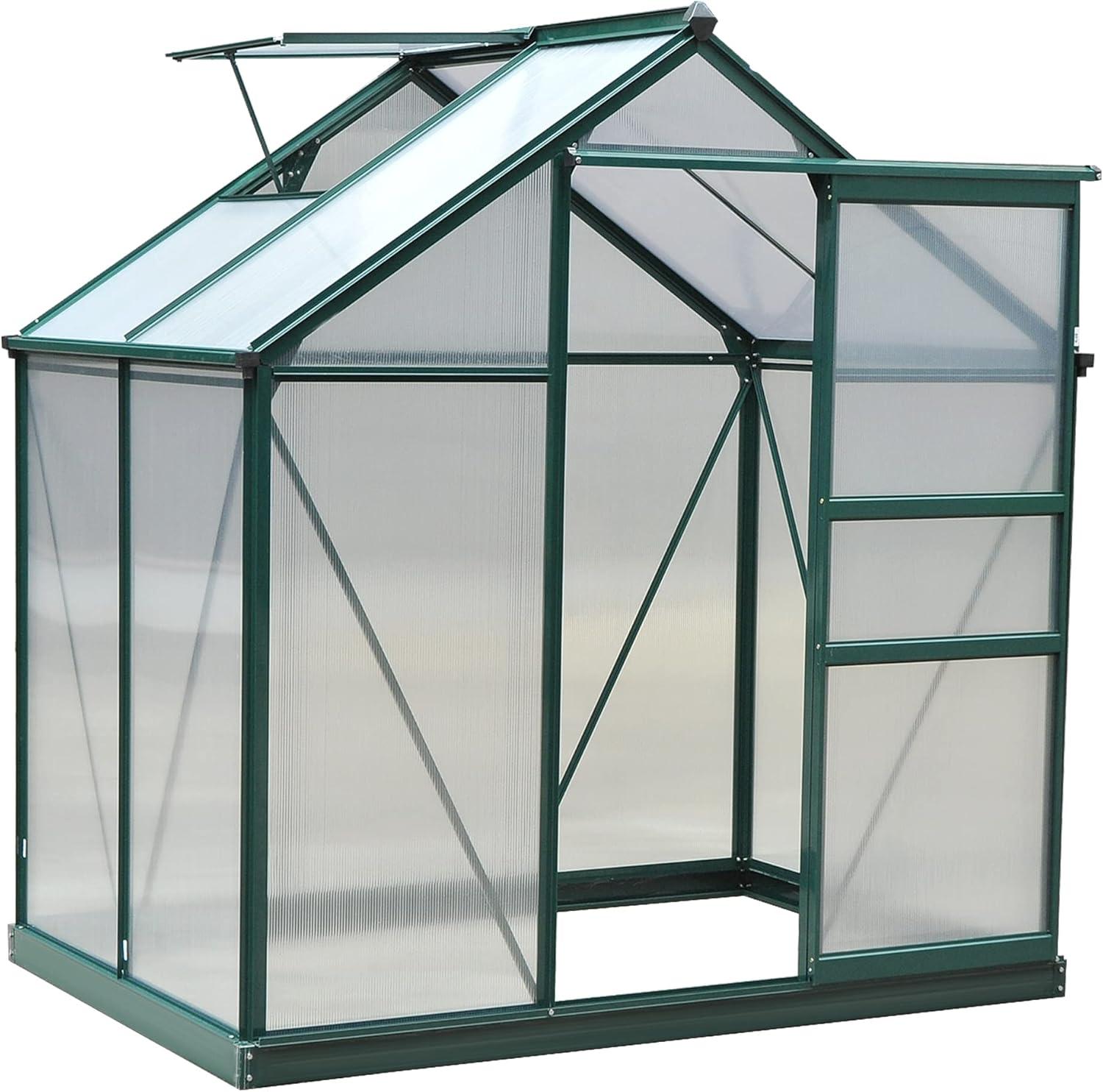Outsunny 6' x 4' Greenhouse for Outdoors, Polycarbonate Greenhouse with Rain Gutter and Roof Vent, Aluminum Walk-in Green Houses for Outside for Patio Backyard Garden, Dark Green
