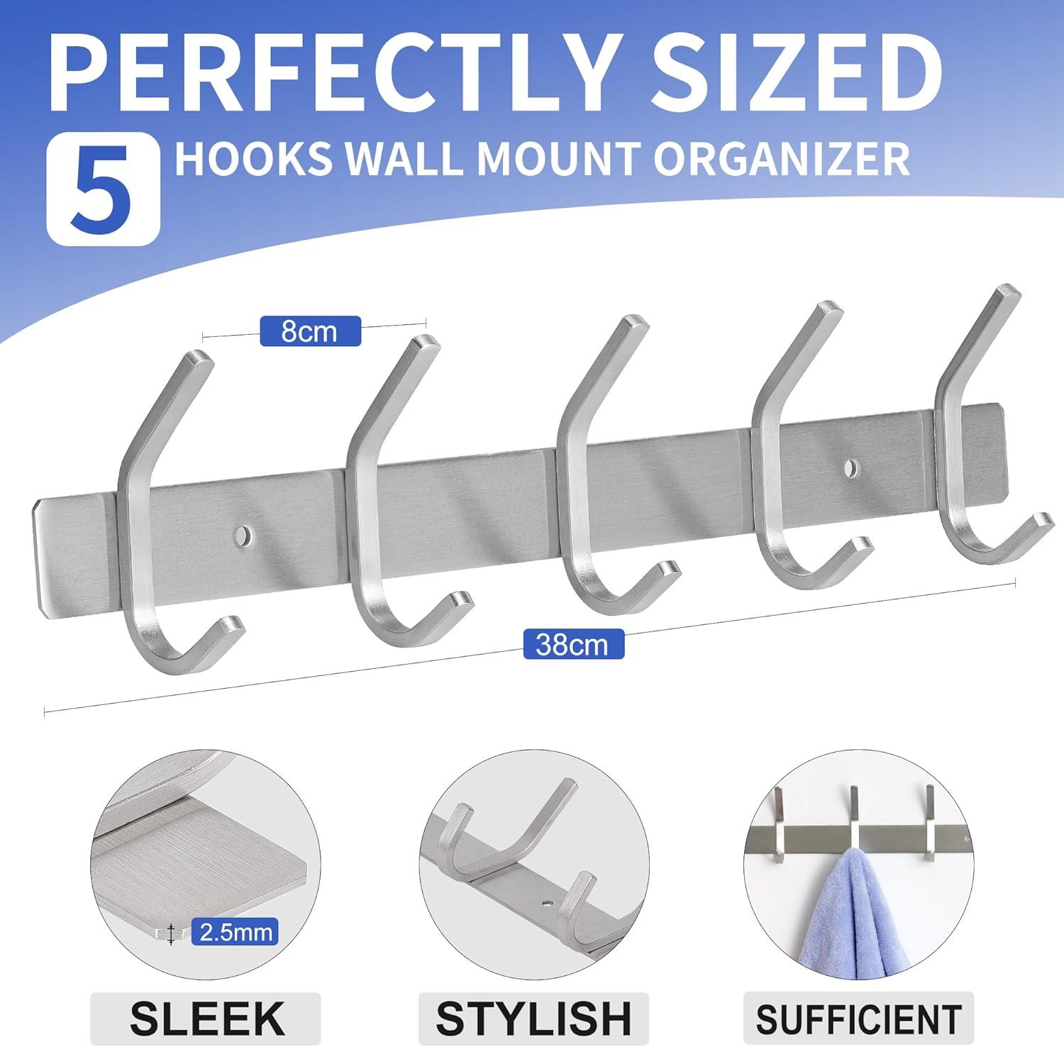 Silver Stainless Steel Wall Mounted Coat Rack with 6 Hooks (2 Pack)