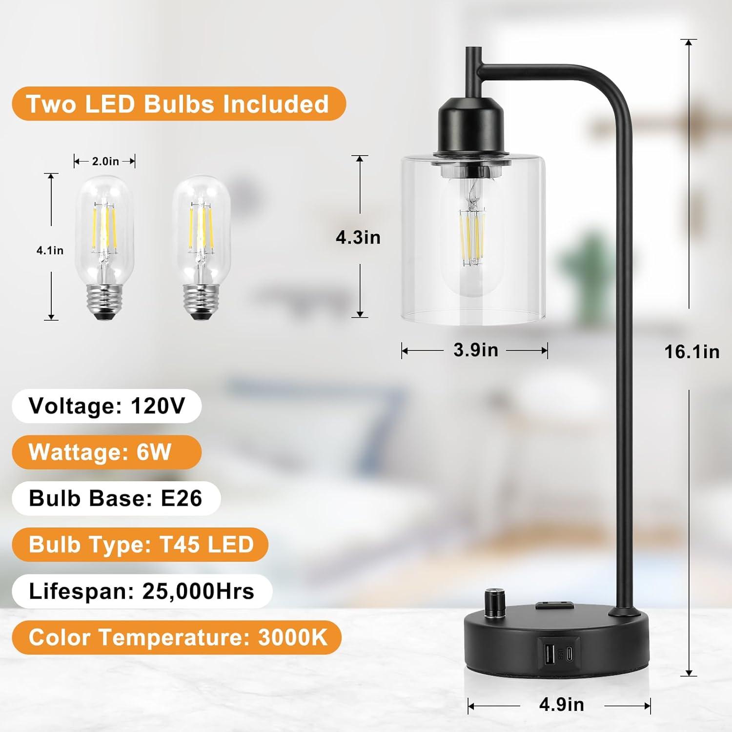 Industrial Nightstand Lamps for Bedrooms Set of 2 - Fully Dimmable Bedside Lamps with USB A C Ports and Outlet, Black Table Lamps with Clear Glass Shade for Living Room, Desk Lamps for Office Reading