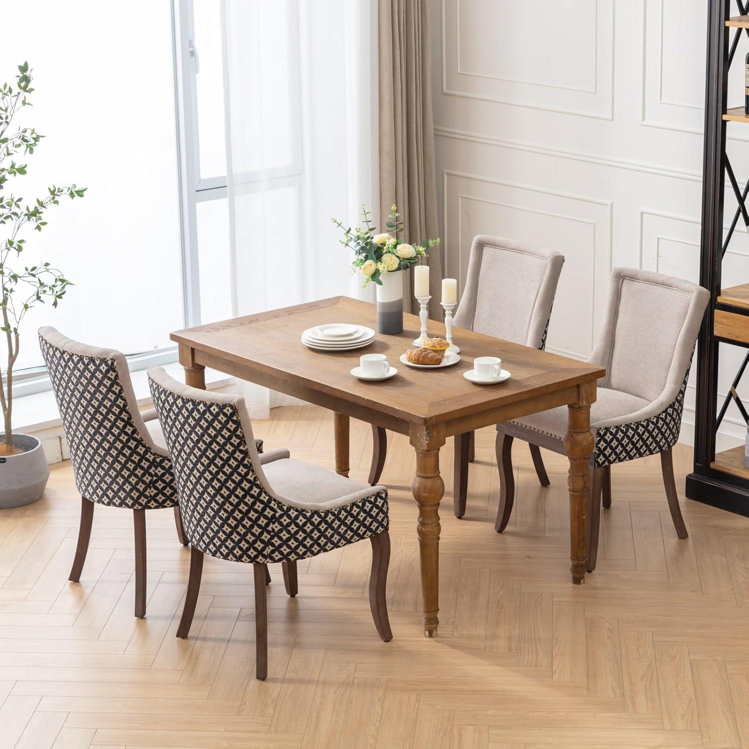 Beige and Black Upholstered Dining Chairs with Wood Legs