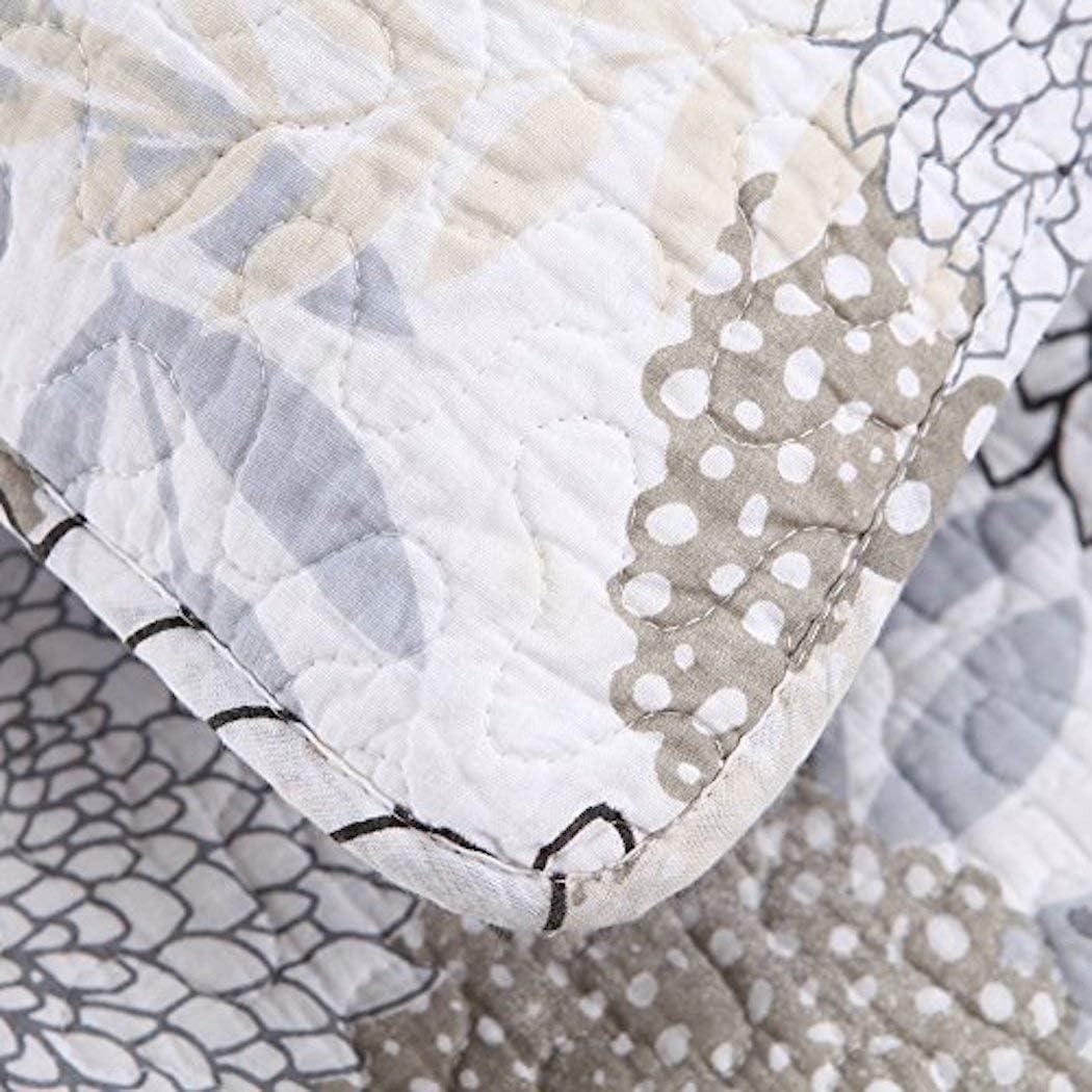 Finely Stitched Carolina Floral Quilt Set - Garden Blooms of Blue Gray Teal Taupe and Tan Flowers - King