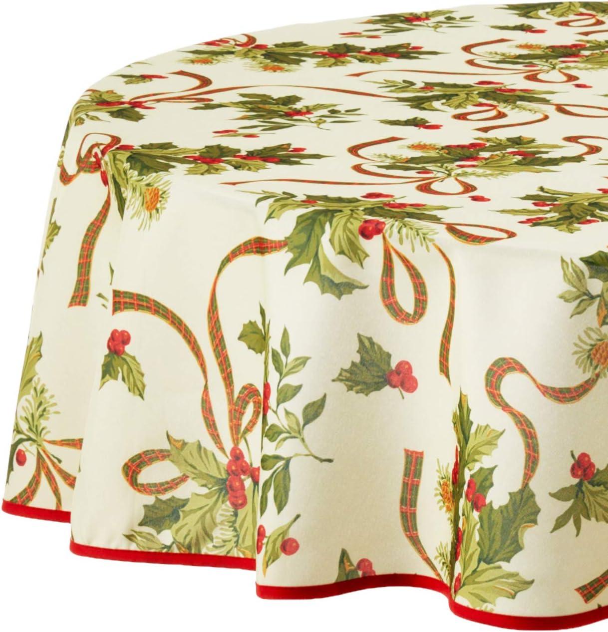 European Seasonal Christmas Ribbons Tablecloth Beige 60" Round