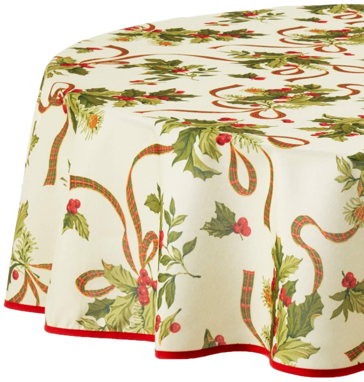 European Seasonal Christmas Ribbons Tablecloth Beige 60" Round