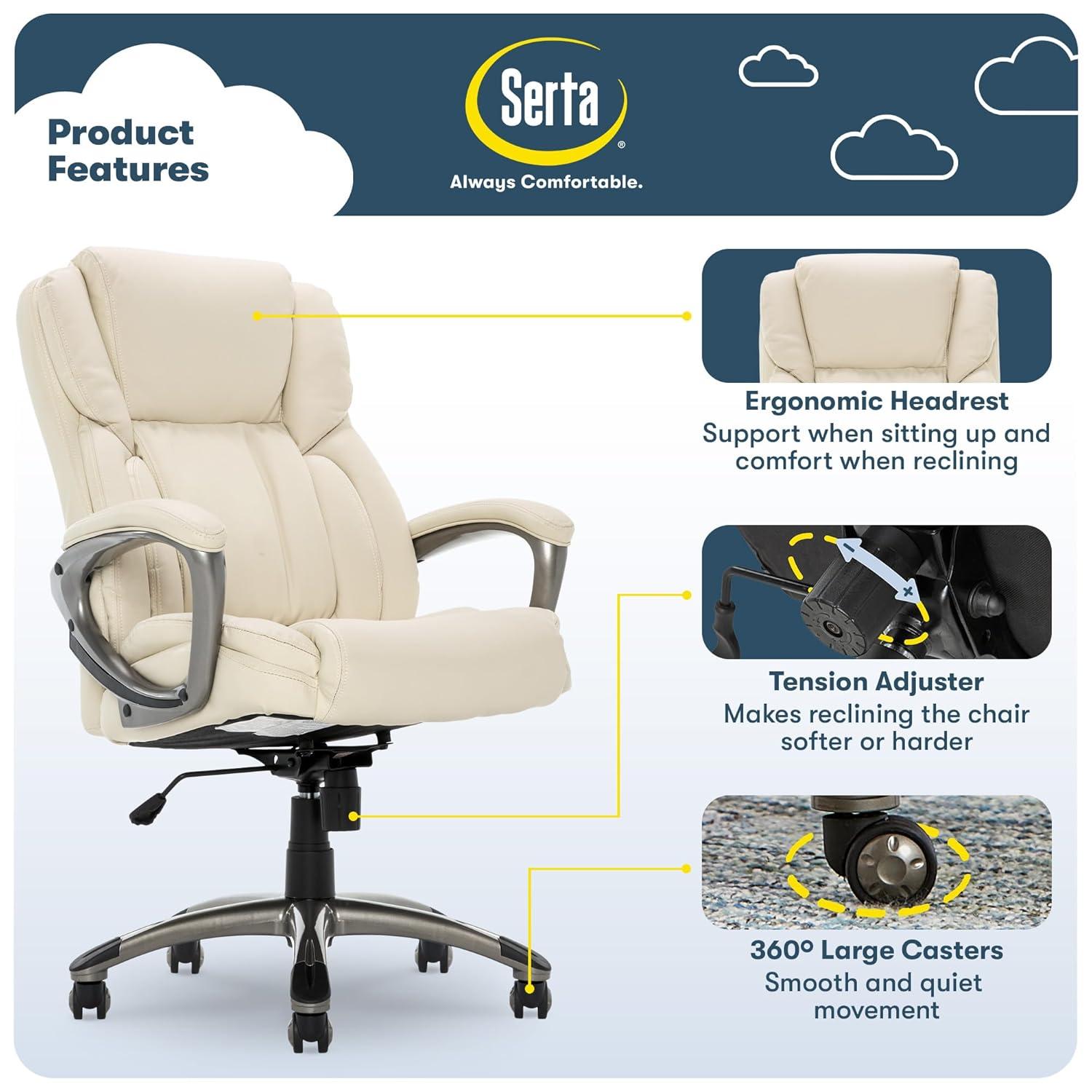 Serta Works Executive Office Chair American Beige: Upholstered, Adjustable, Ergonomic with Padded Back & Seat