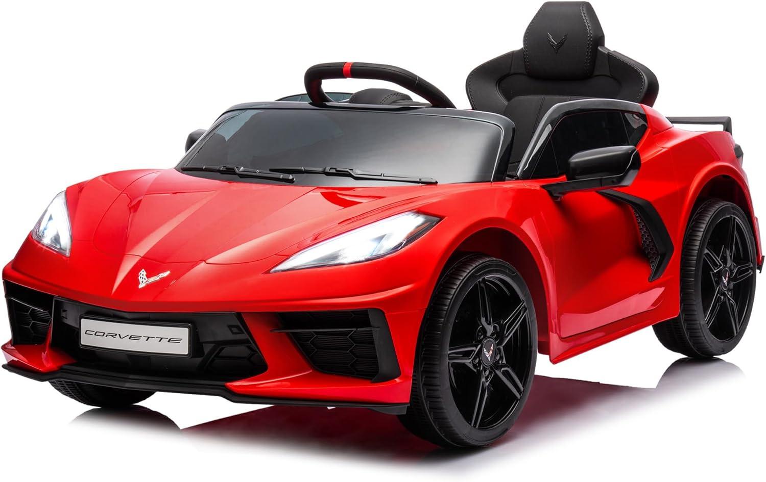 FUNTOK Licensed Chevrolet Corvette C8 12V Kids Electric Ride on Car Toy, Battery Powered Car Truck with Remote Control, Bluetooth, 3 Speeds, LED Headlight, Music Player & Spring Suspension, Red