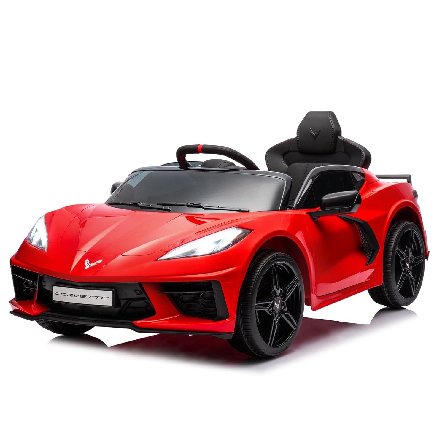 FUNTOK Licensed Chevrolet Corvette C8 12V Kids Electric Ride on Car Toy, Battery Powered Car Truck with Remote Control, Bluetooth, 3 Speeds, LED Headlight, Music Player & Spring Suspension, Red