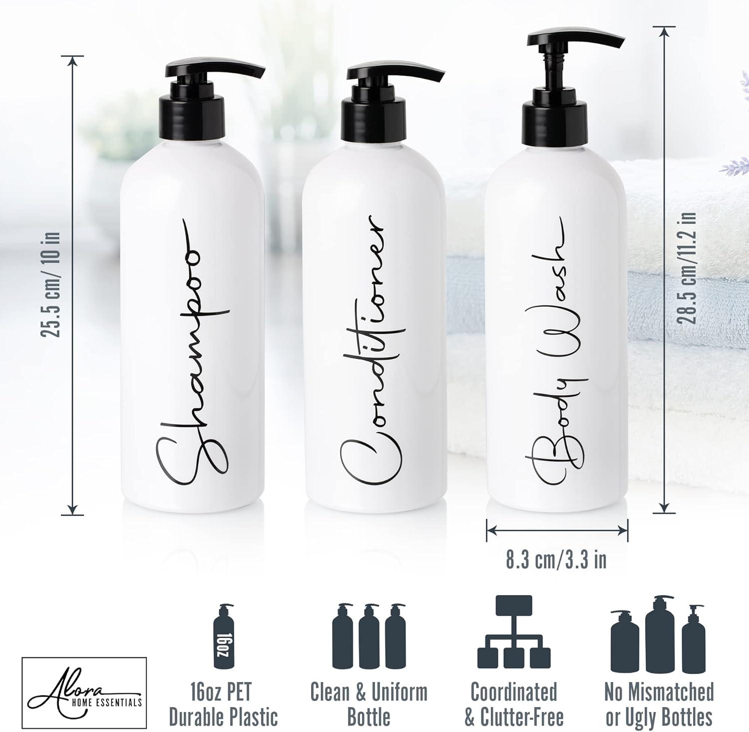 Alora 32oz Reusable Shampoo and Conditioner Bottles - Set of 3 - White - Easy to read Lettering - Pump Bottle Dispenser for Shampoo, Conditioner, Body Wash - Empty Plastic Refillable Containers