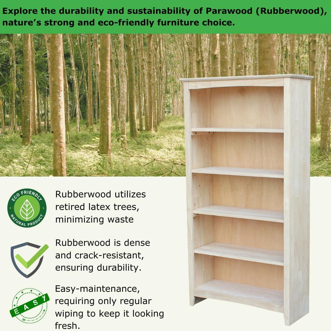 60" Shaker Bookshelf Unfinished - International Concepts: Solid Parawood, 5-Shelf Storage