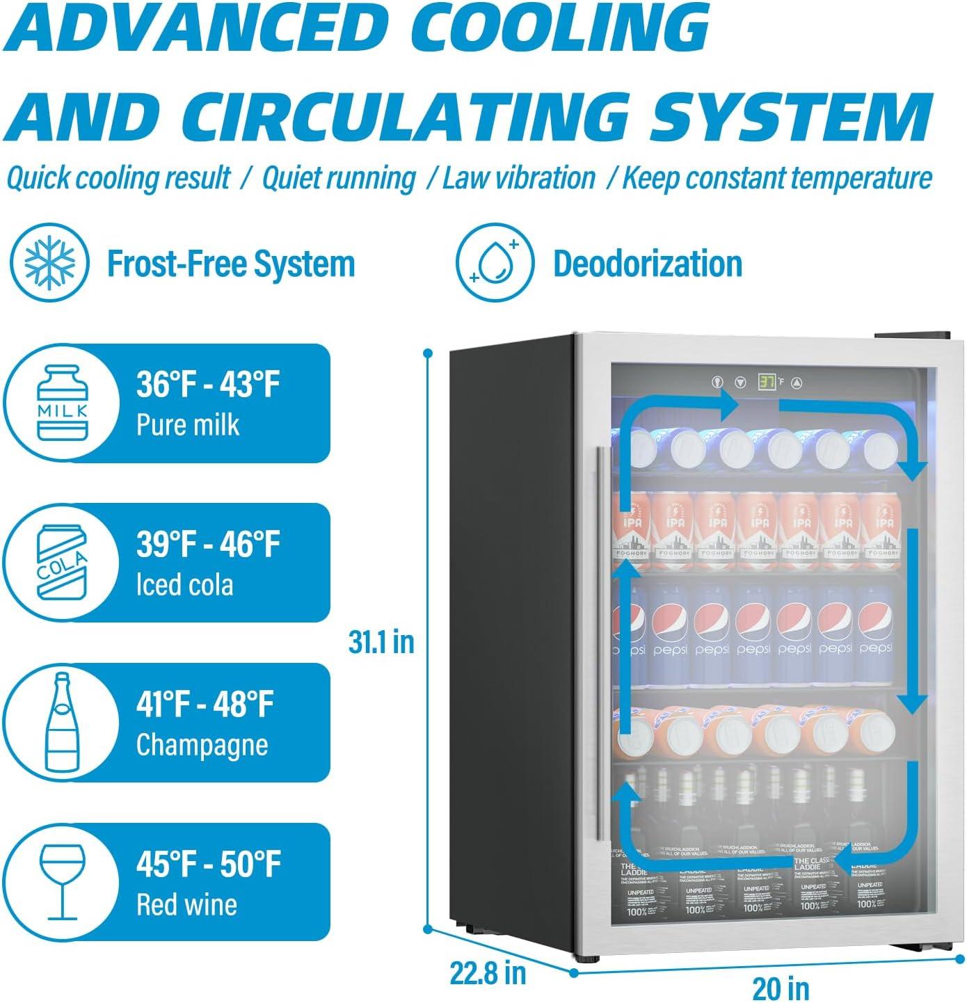 ZenZone 4.5 Cu.ft Beverage Refrigerator and Cooler, 145 Can Mini fridge with Glass Door for Soda Beer Wine, Small Drink Dispenser with Digital Adjustable Thermostat for Home Office Bar
