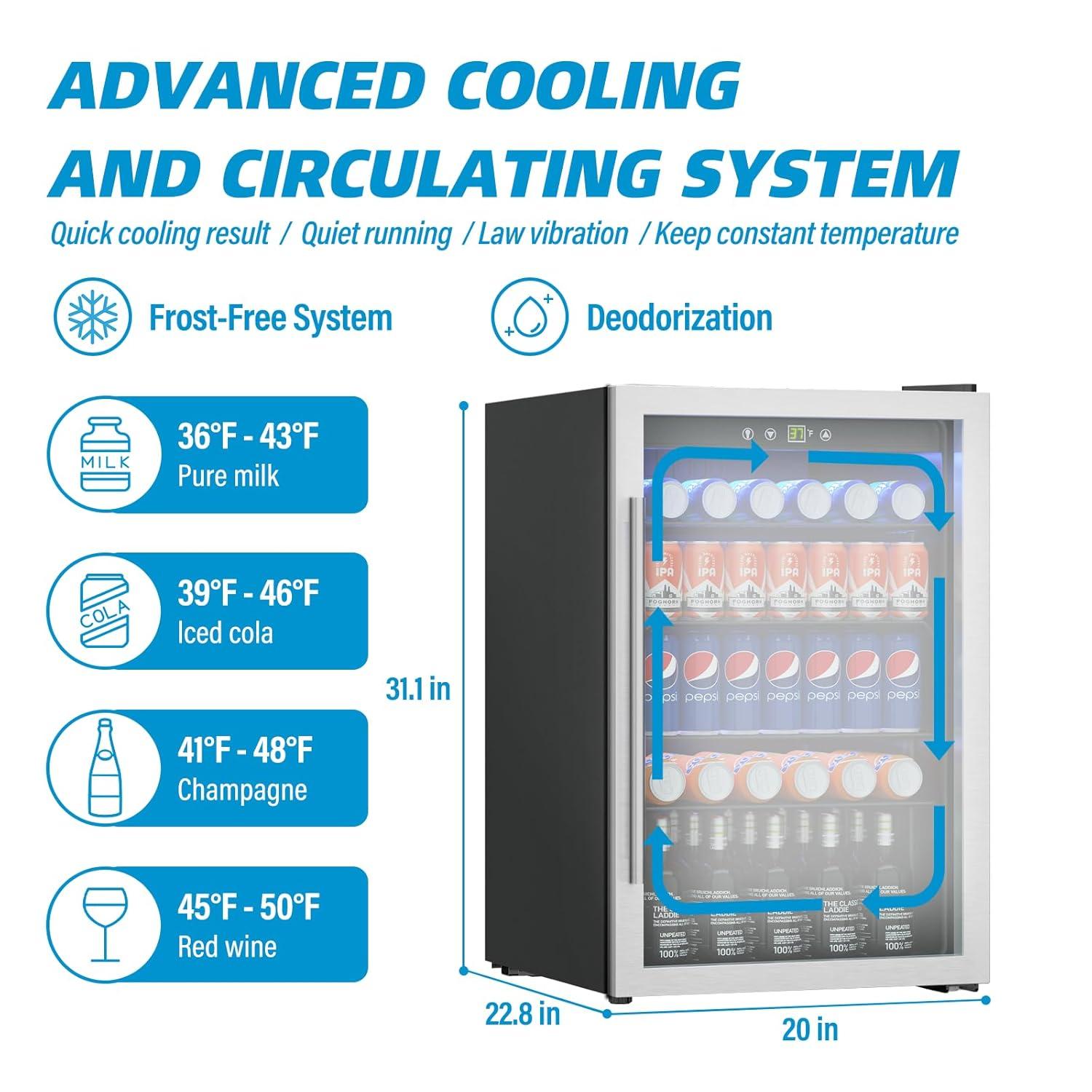 ZenZone 4.5 Cu.ft Beverage Refrigerator and Cooler, 145 Can Mini fridge with Glass Door for Soda Beer Wine, Small Drink Dispenser with Digital Adjustable Thermostat for Home Office Bar
