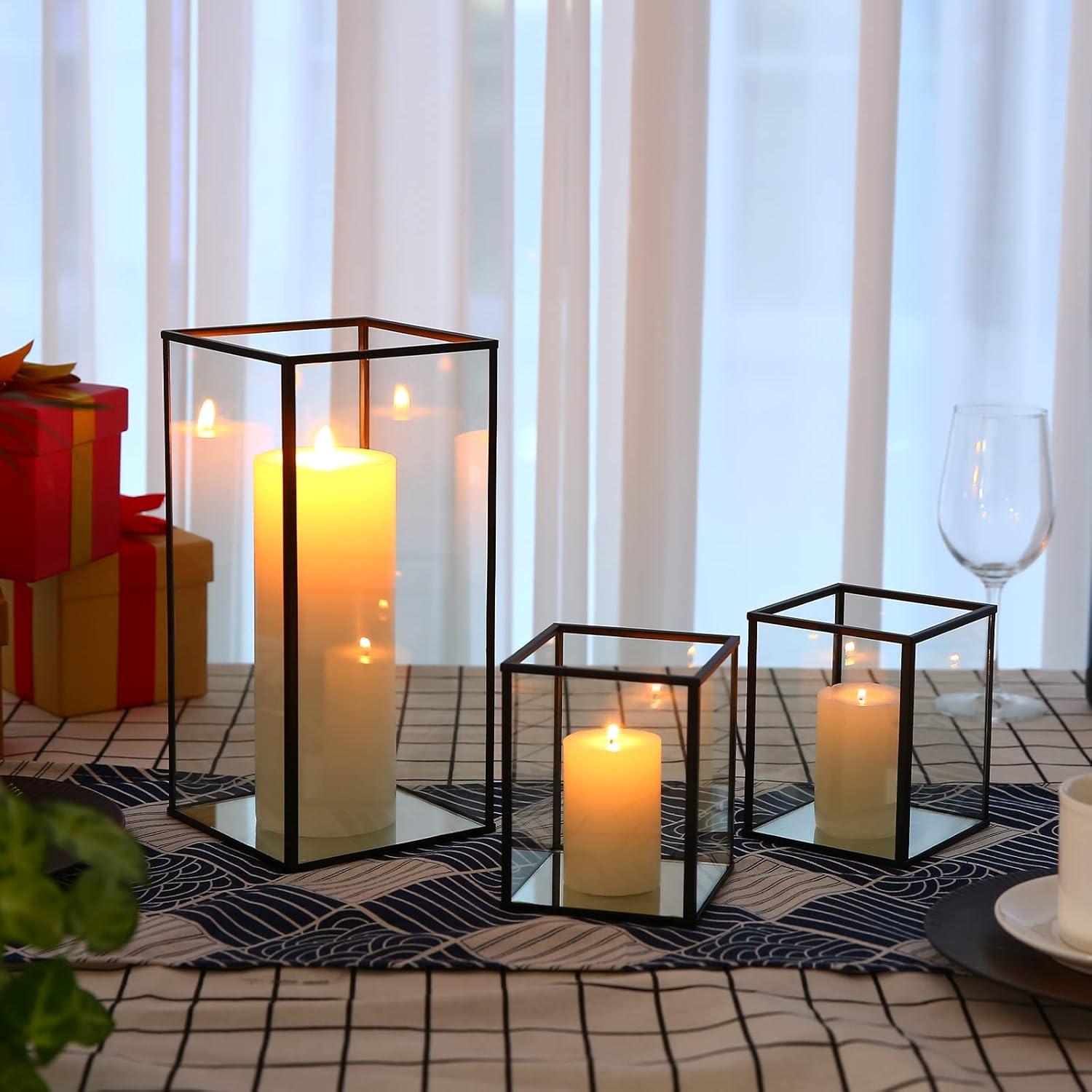 Phosphor Small Hurricane Candle Holder Set of 3 Pieces, Black Glass Candle Holder for Wedding, Party, Holiday.