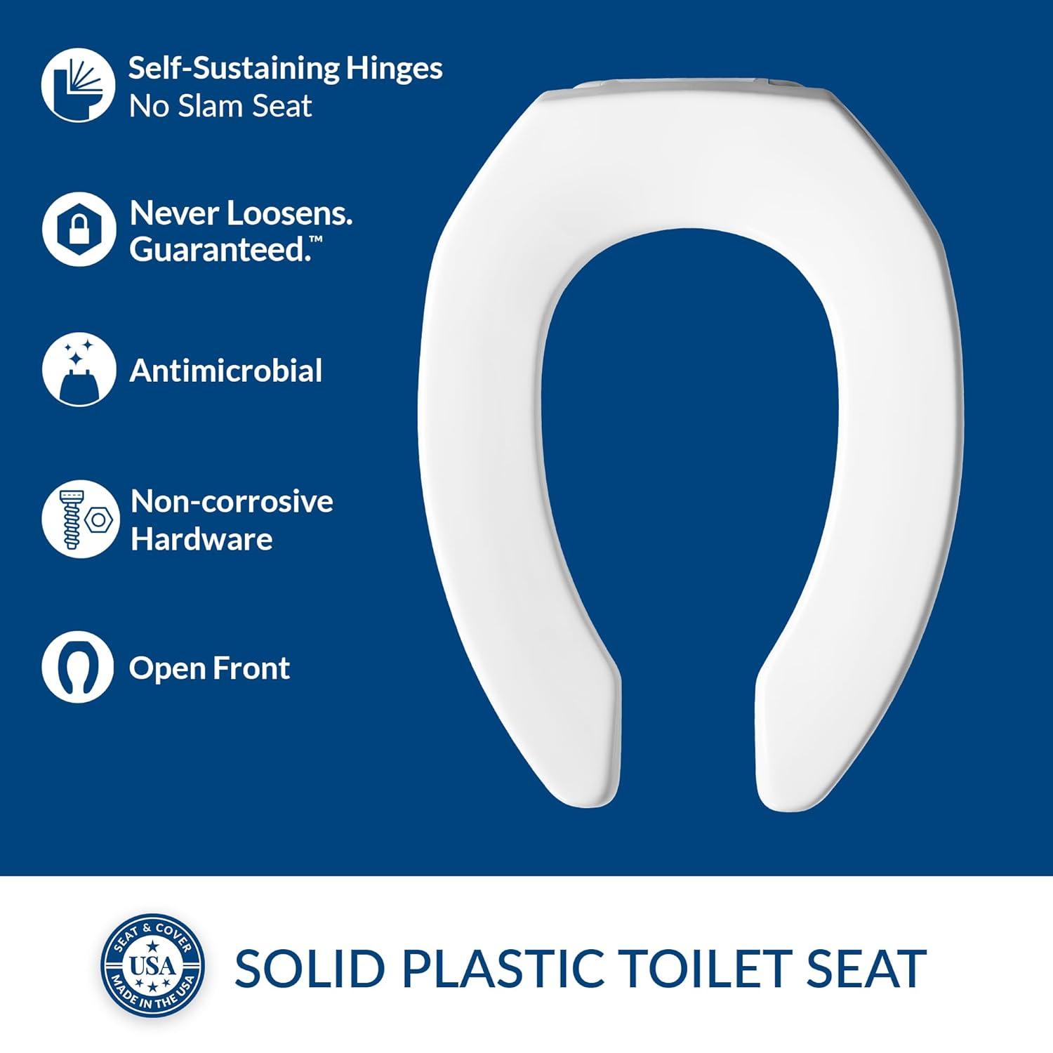 Commercial Heavy Duty Open Front Toilet Seat, Slow Close, Never Loosens, ELONGATED, Plastic, White