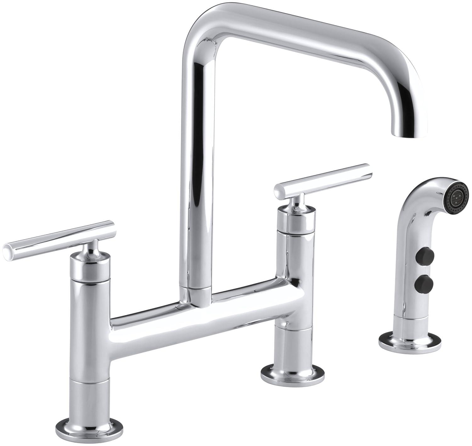 Kohler Purist® Two Handle Deck-Mounted Bridge Kitchen Sink Faucet with Pull Out Side Sprayer