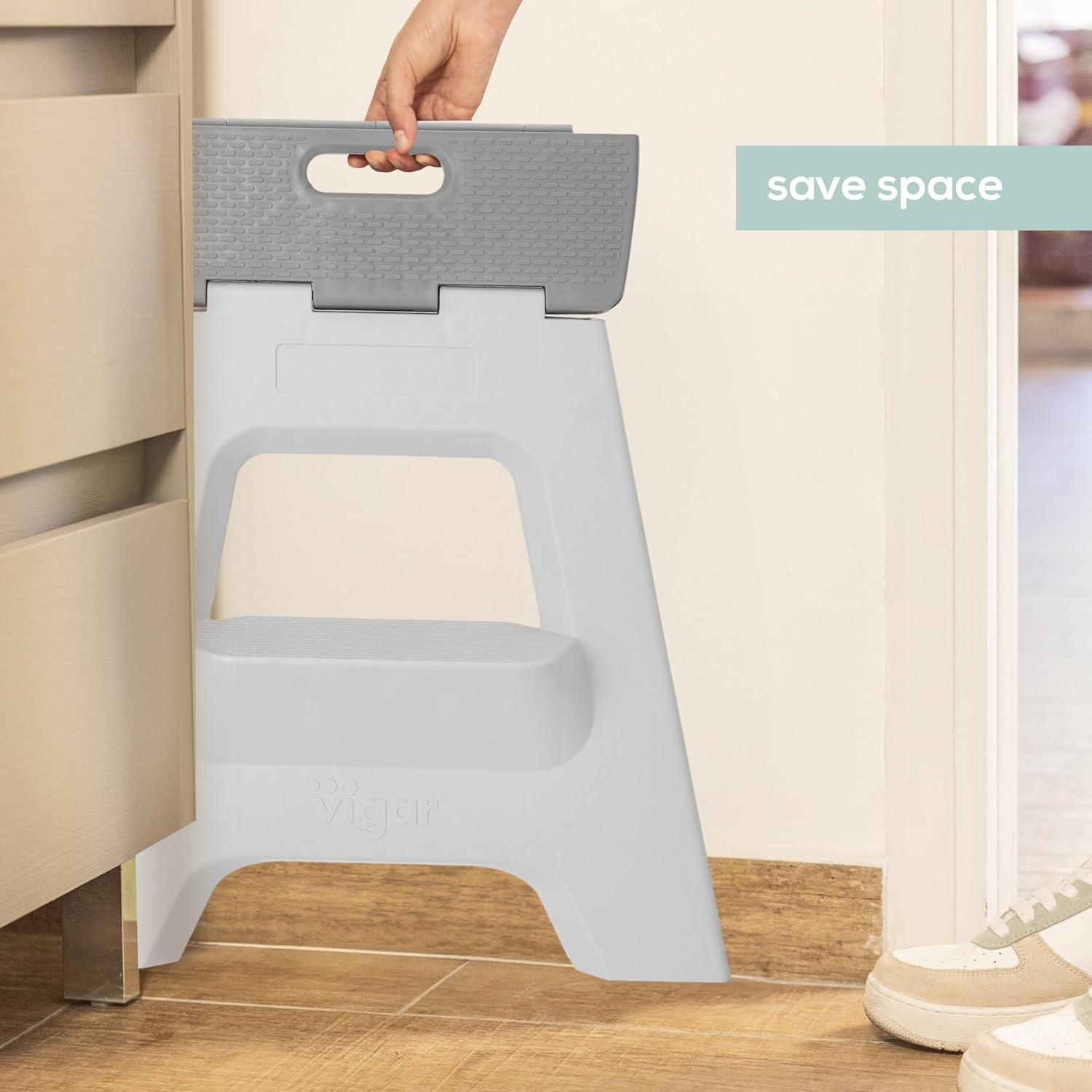 Gray Foldable 2-Step Plastic Stool with Non-Slip Surface