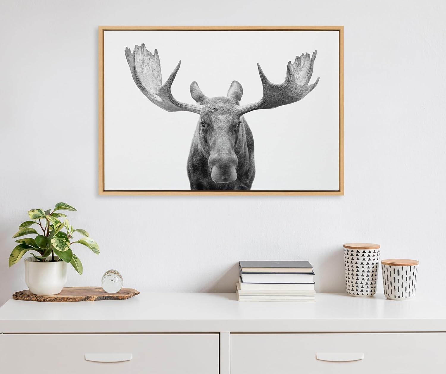 Kate and Laurel Sylvie Moose Black and White Framed Canvas Wall Art by Amy Peterson Art Studio, 23x33 Natural, Modern Animal Portrait Art for Wall