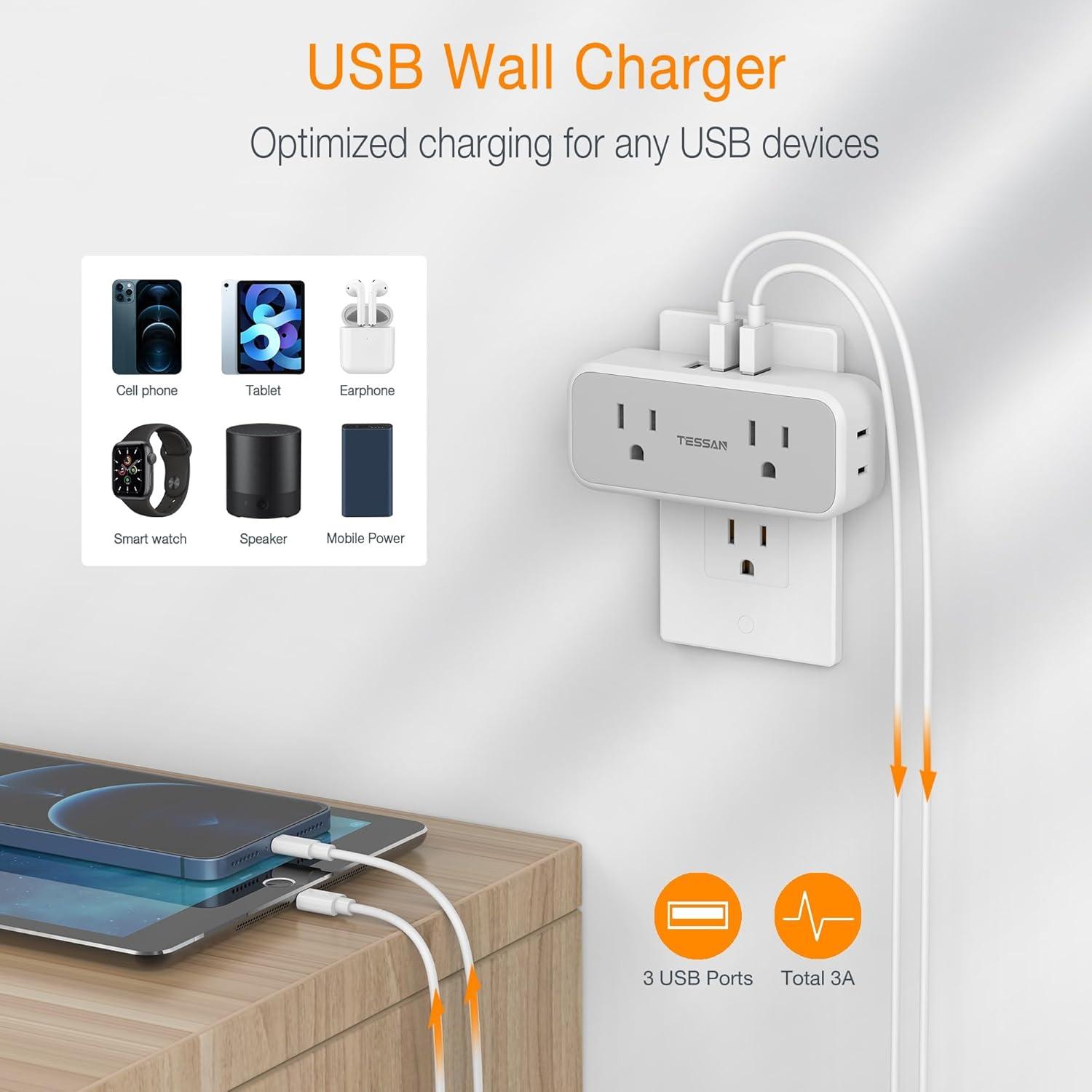 Compact White Multi Plug Wall Outlet Extender with USB Ports