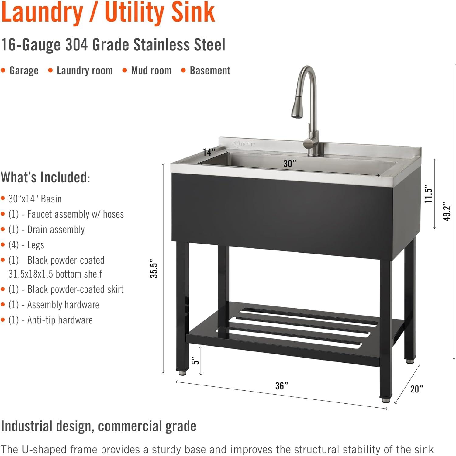 TRINITY 36 in. W x20 in. D Freestanding Utility Sink in Stainless Steel and Black w/ Pull-Out Faucet