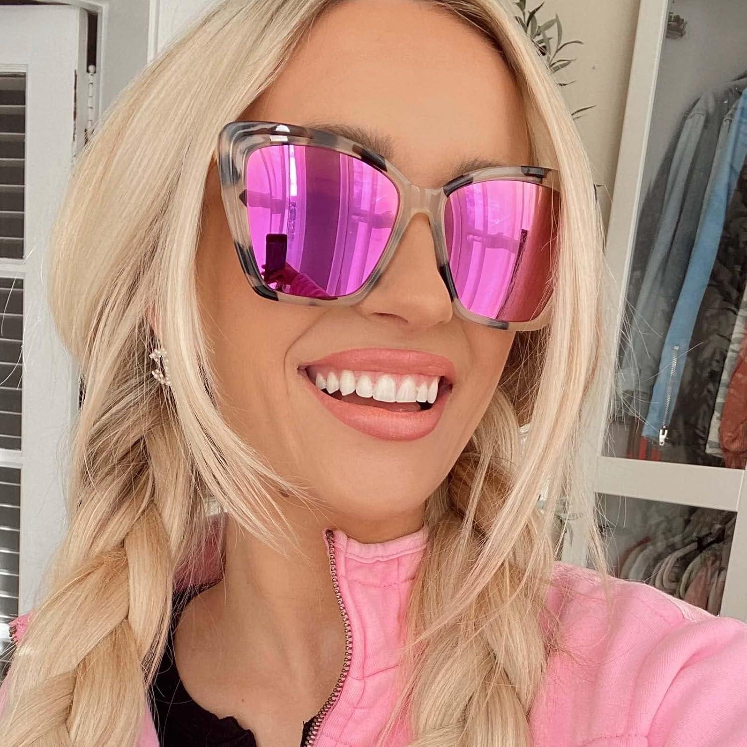 Oversized Cat Eye Cream Tortoise Sunglasses with Pink Mirrored Lenses