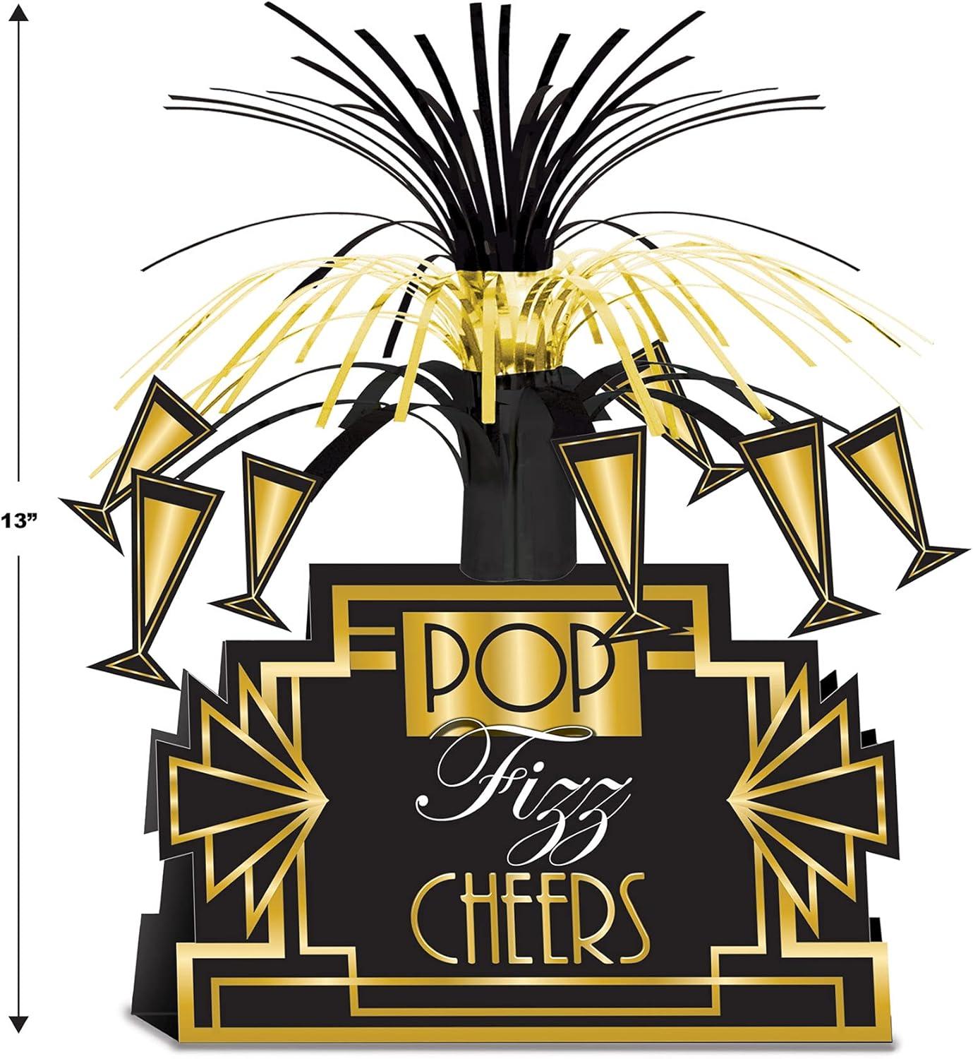 Beistle 2-Piece Champagne Pop Fizz Cheers Table Centerpieces, 1920’s Era Party Supplies, New Years Eve, Awards Night & Gatsby Party Decor, 13"