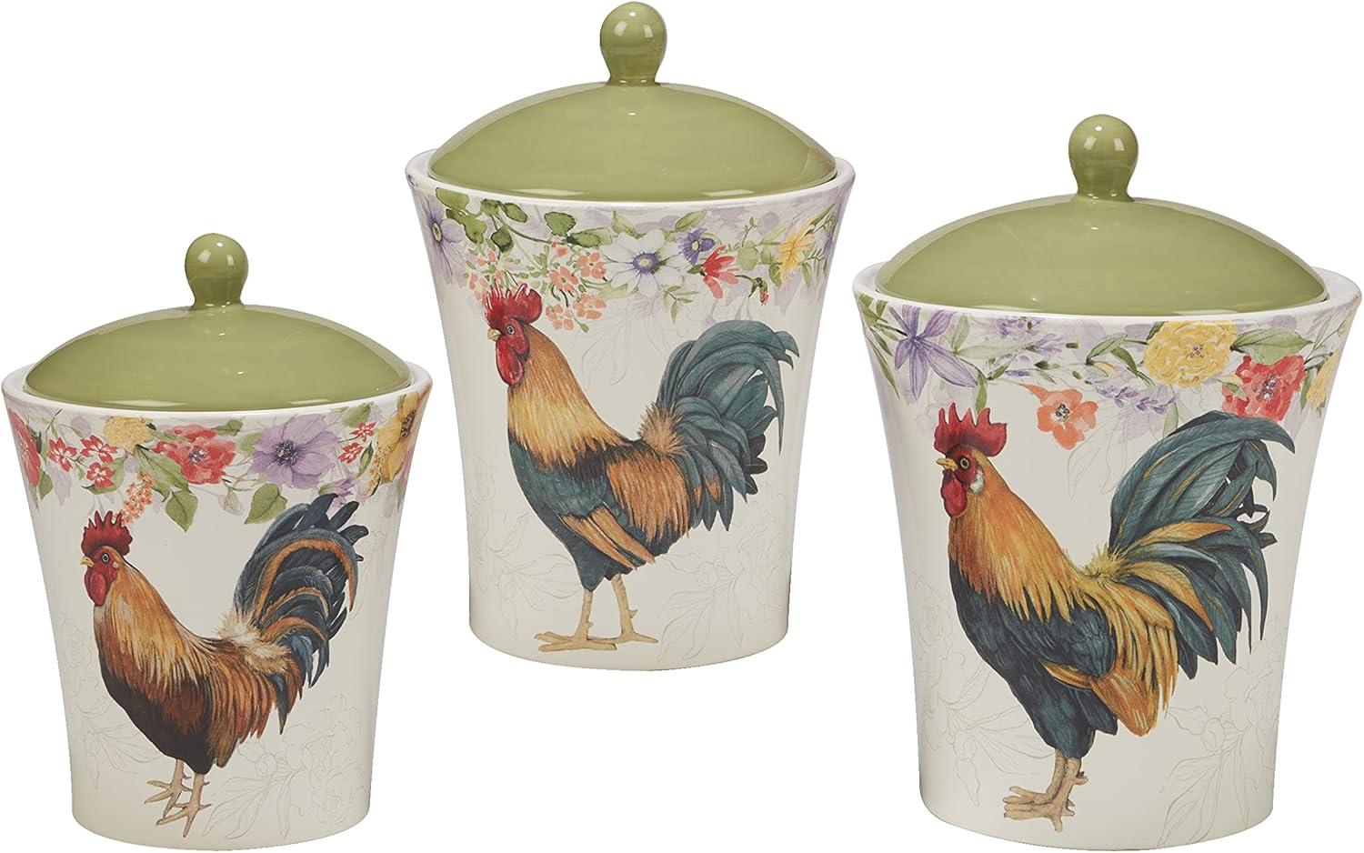 Green Ceramic Rooster Floral 3-Piece Canister Set