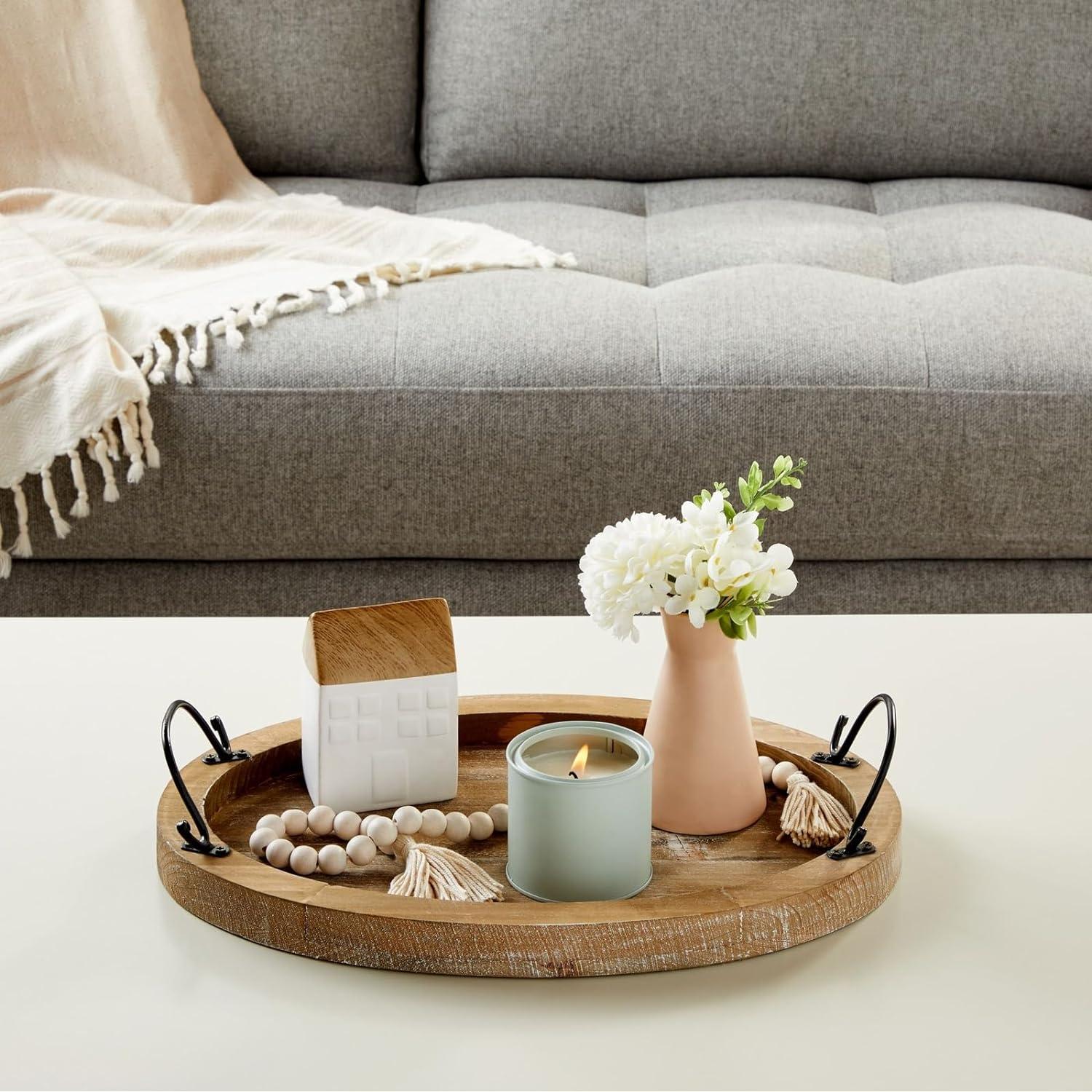 Rustic Oval Wooden Serving Tray with Black Handles